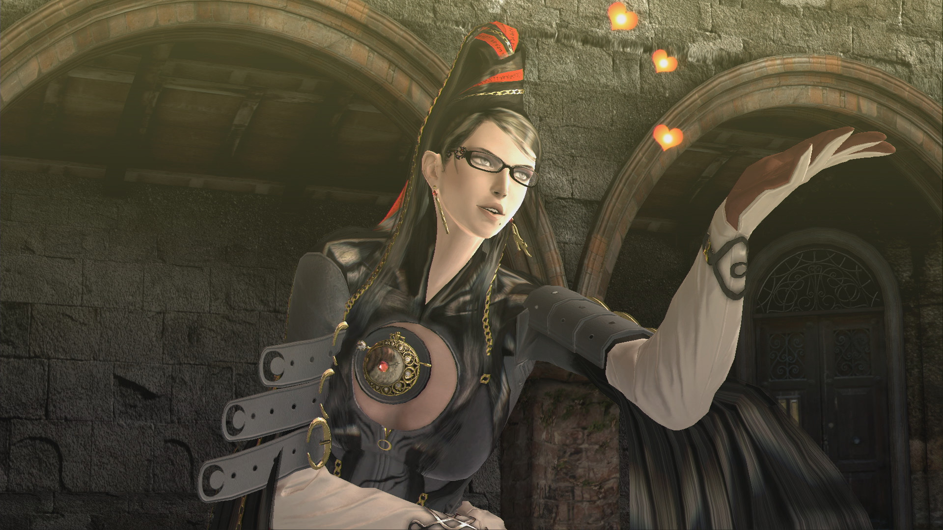 Bayonetta stands inside a stone chamber.