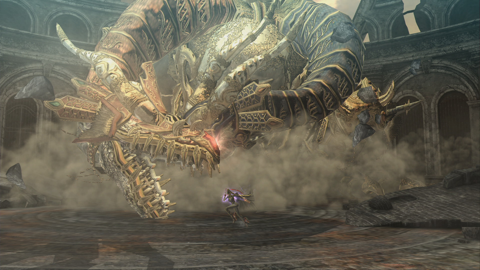 Bayonetta faces a giant creature across a plaza.