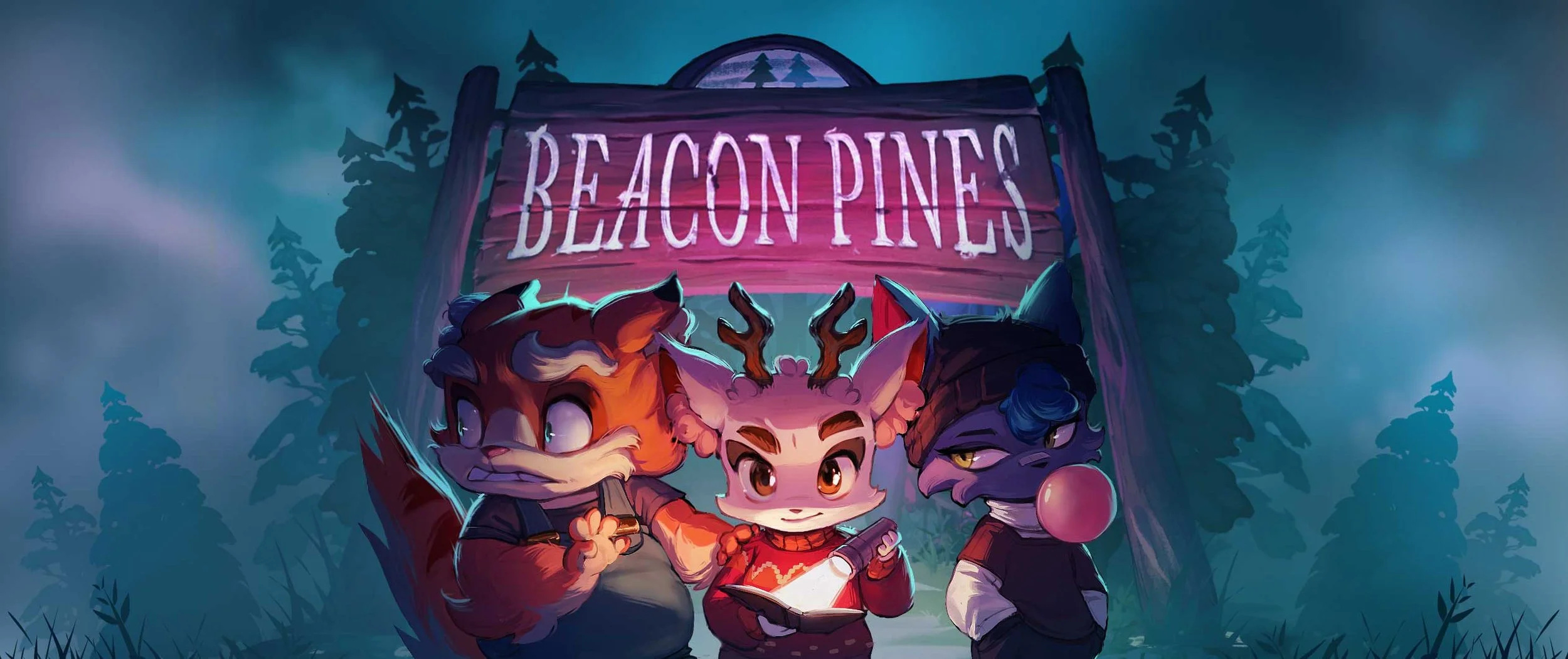 Luka stands with two friends beneath the Beacon Pines town sign.