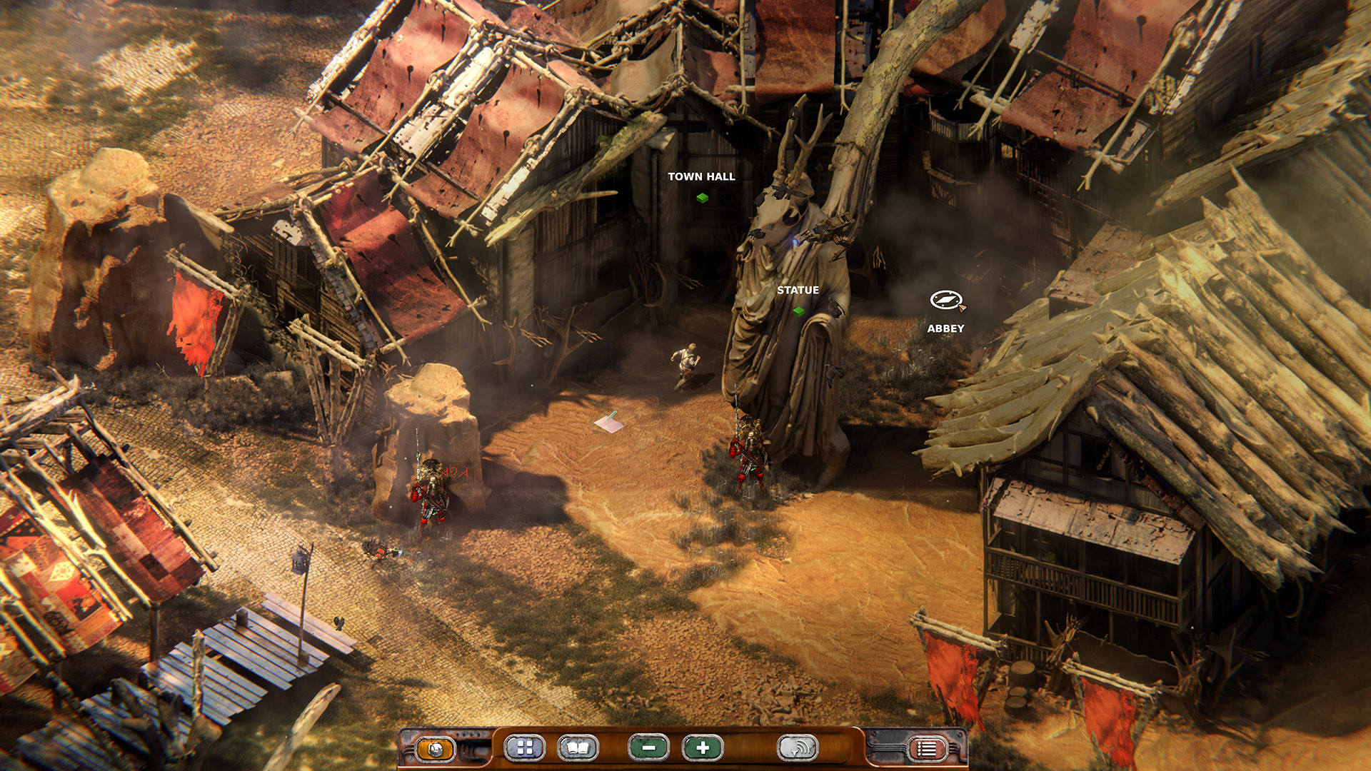 A character walks through a sunlit settlement of improvised structures.