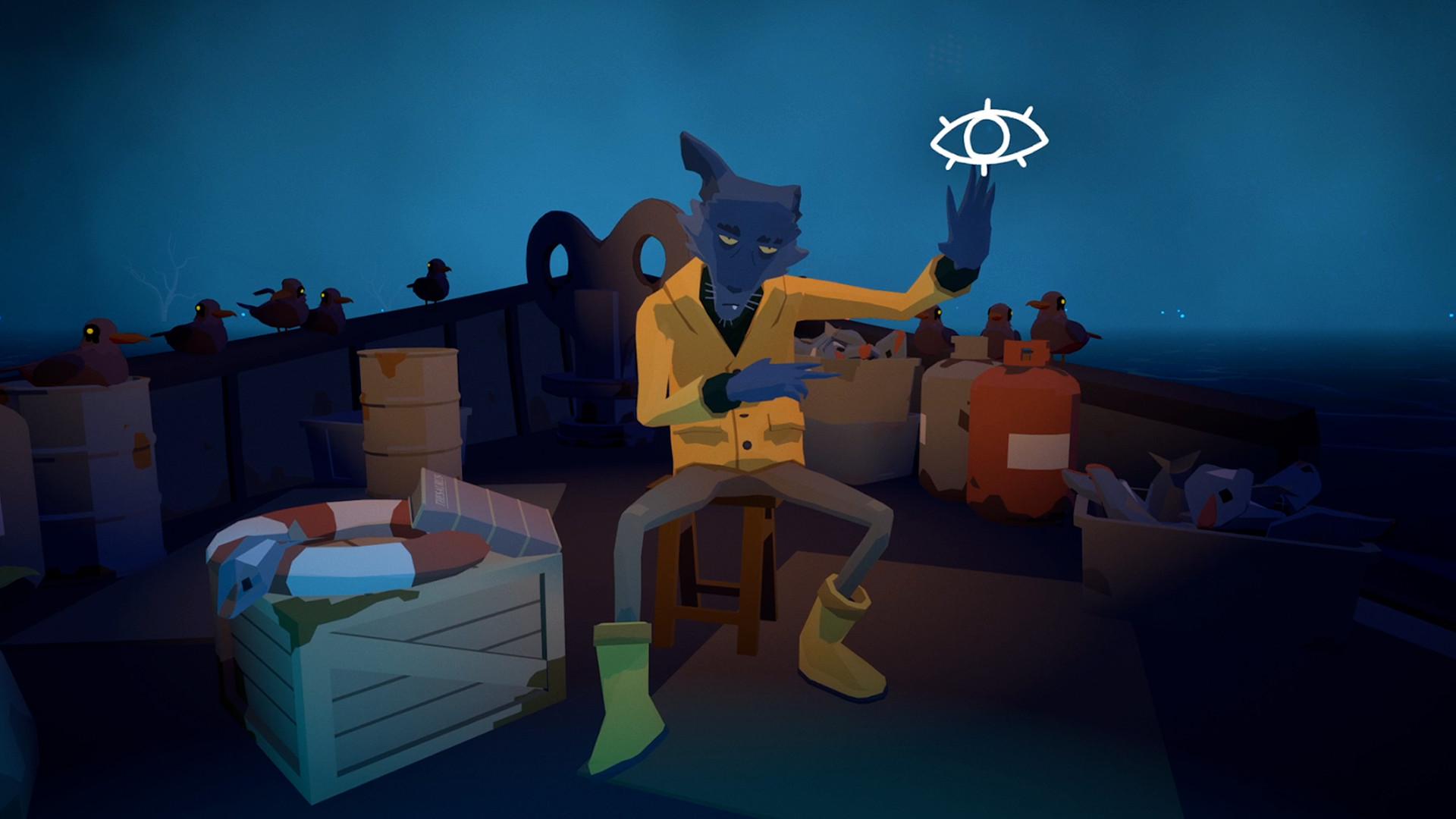 The Ferryman holds an eye symbol while seated on his boat.