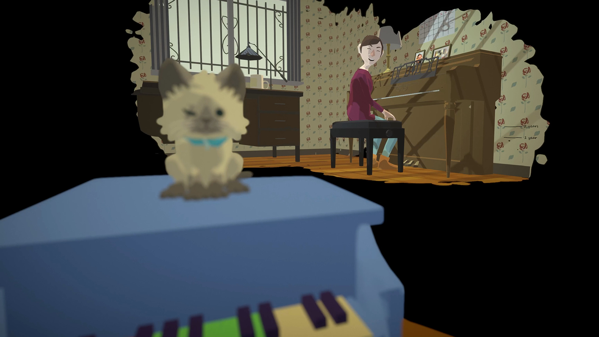 A cat sits before a child playing a piano in a remembered room.