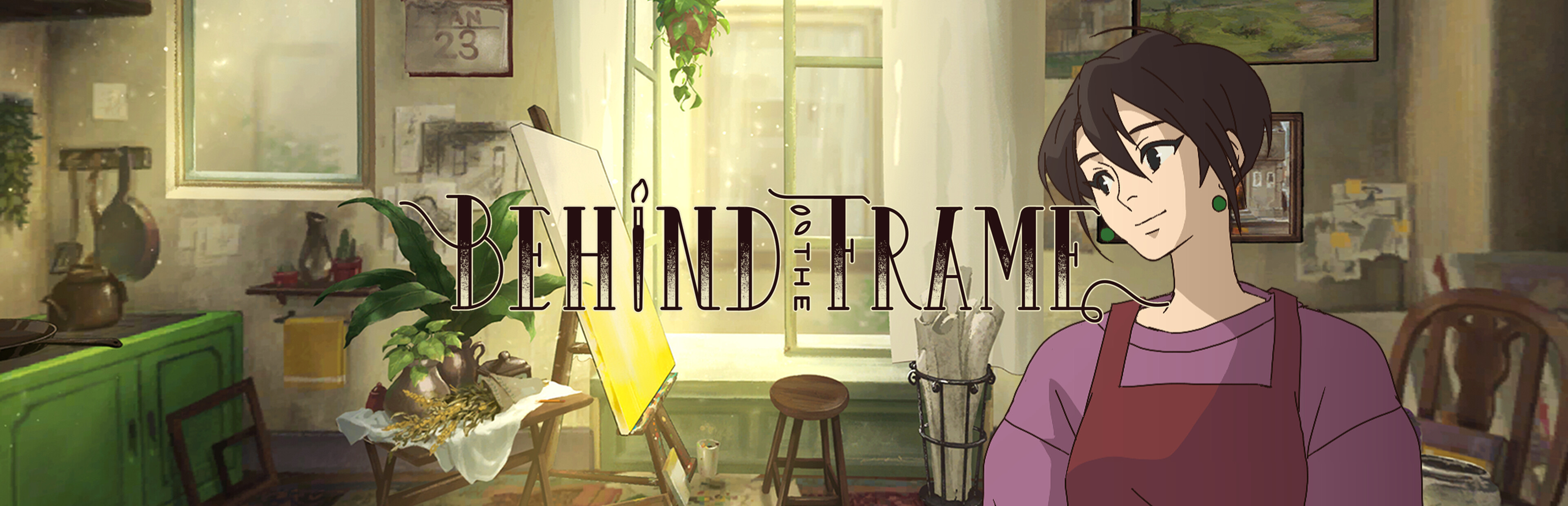 Official Steam library artwork shows a painter in her studio beside the Behind the Frame title.