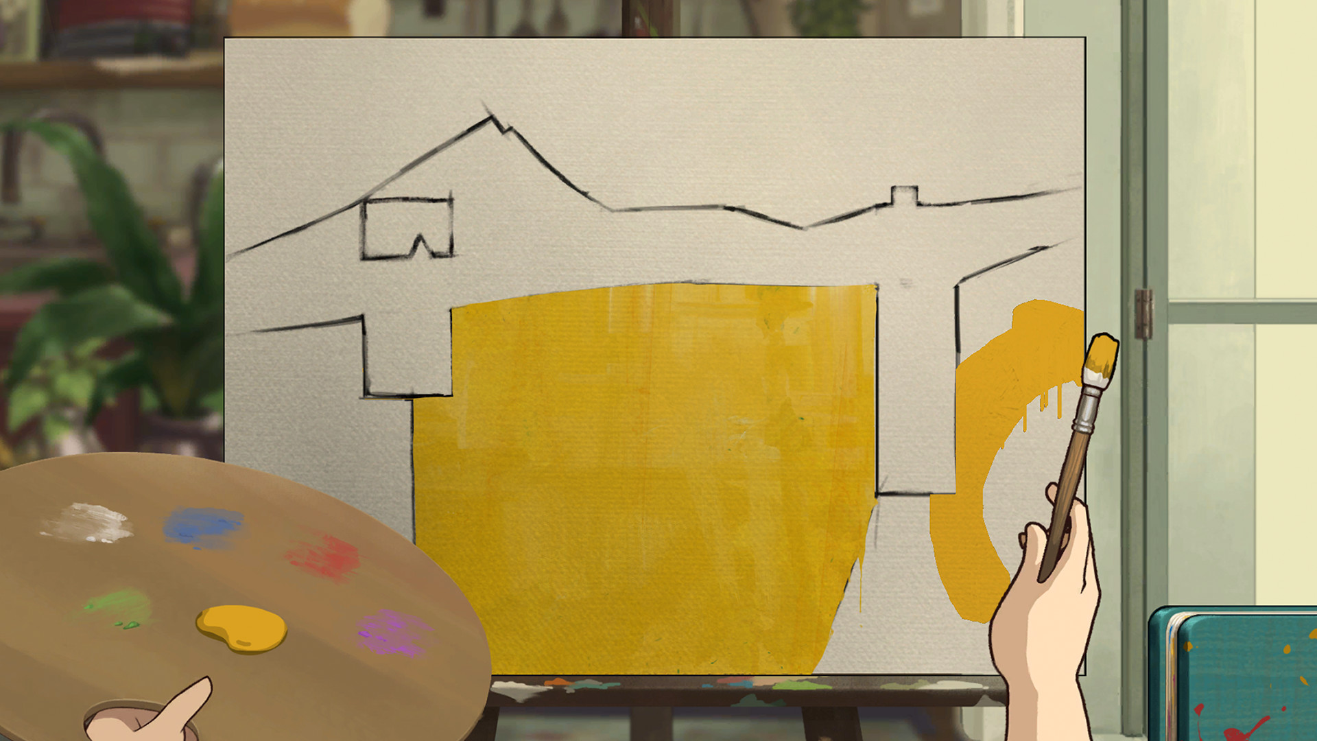 A painter adds yellow colour to a canvas in her studio.