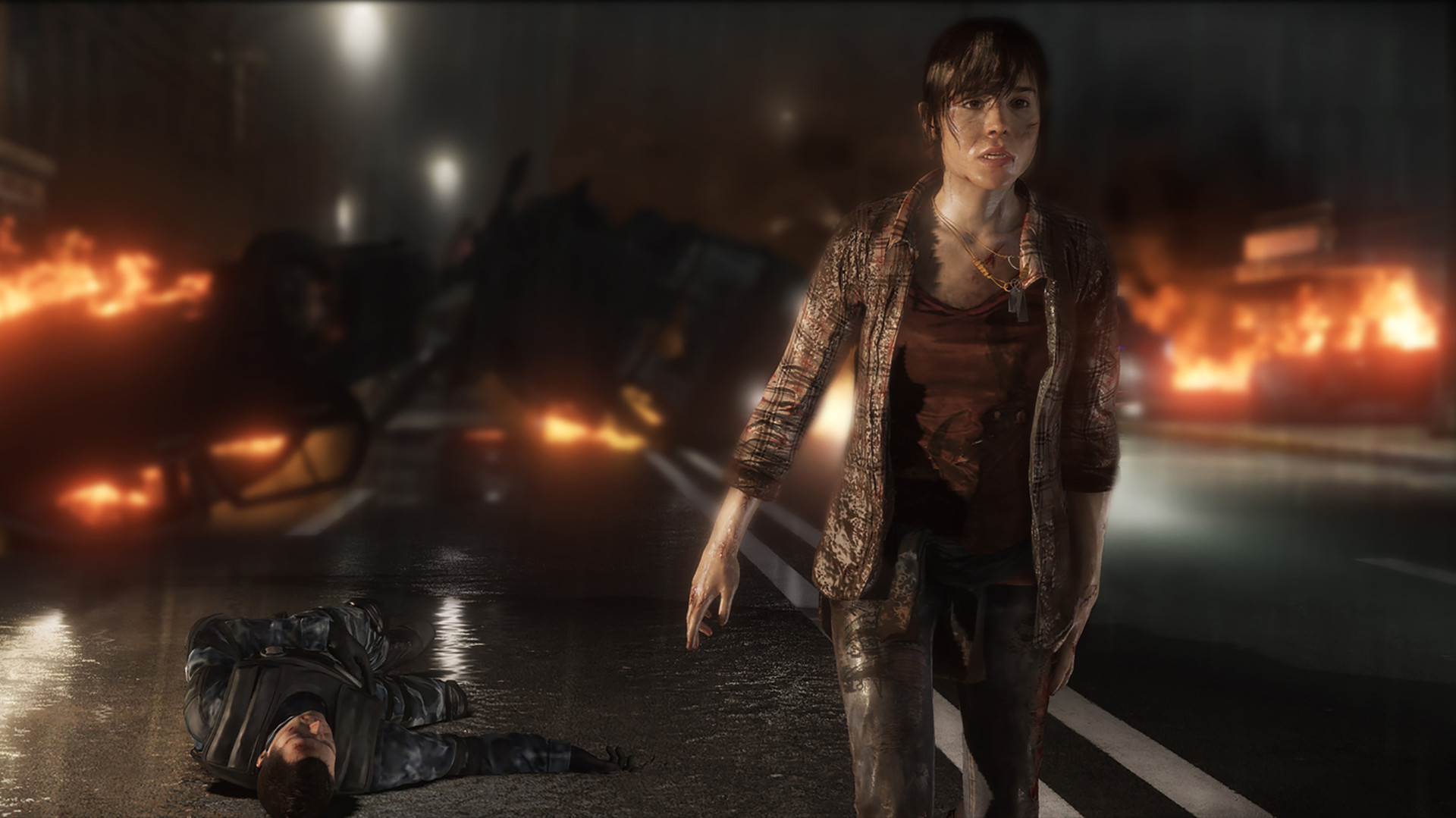 Jodie stands on a rain-soaked street amid burning vehicles.