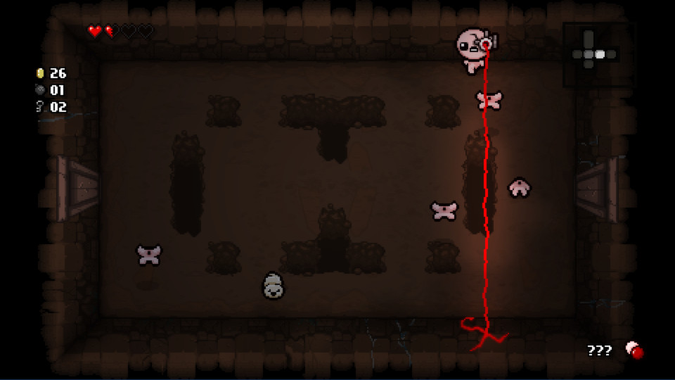 Isaac fights enemies in a dim dungeon room using a beam attack.