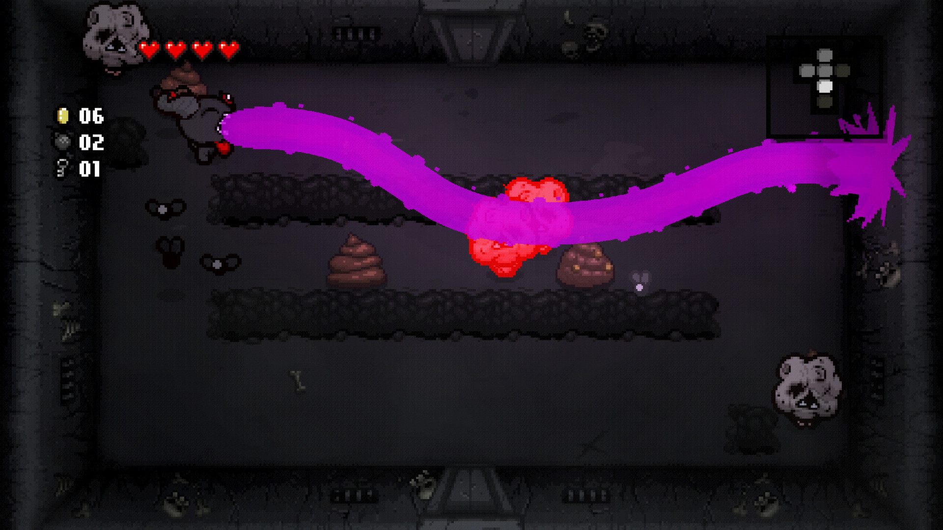 Isaac attacks enemies across a room with a bright purple effect.