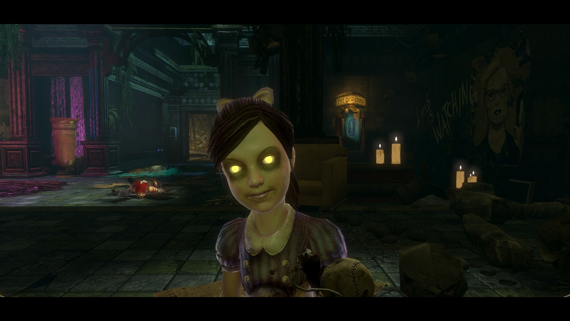 A Little Sister stands in a dim Rapture corridor.