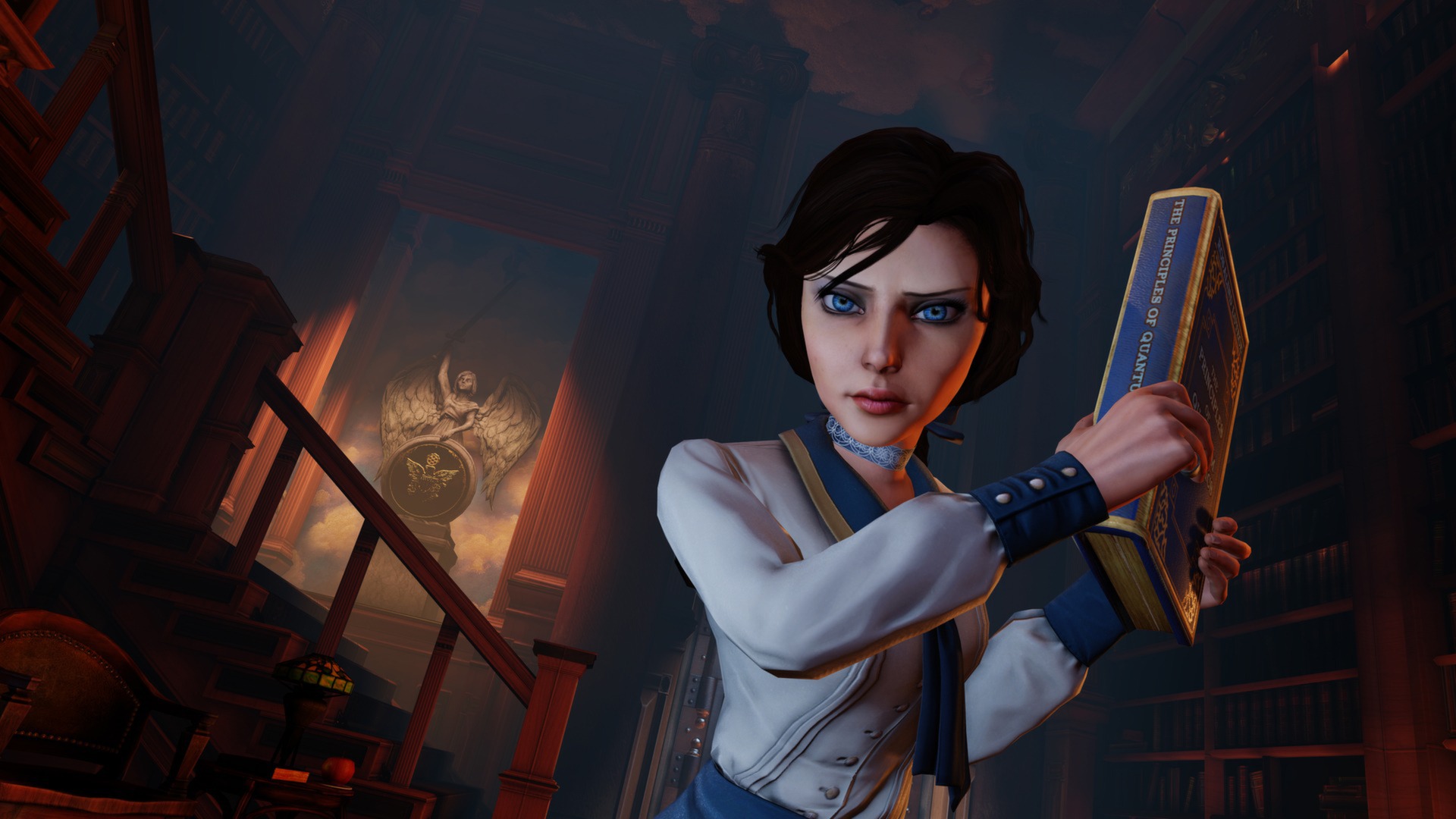 Elizabeth stands in a dim interior.