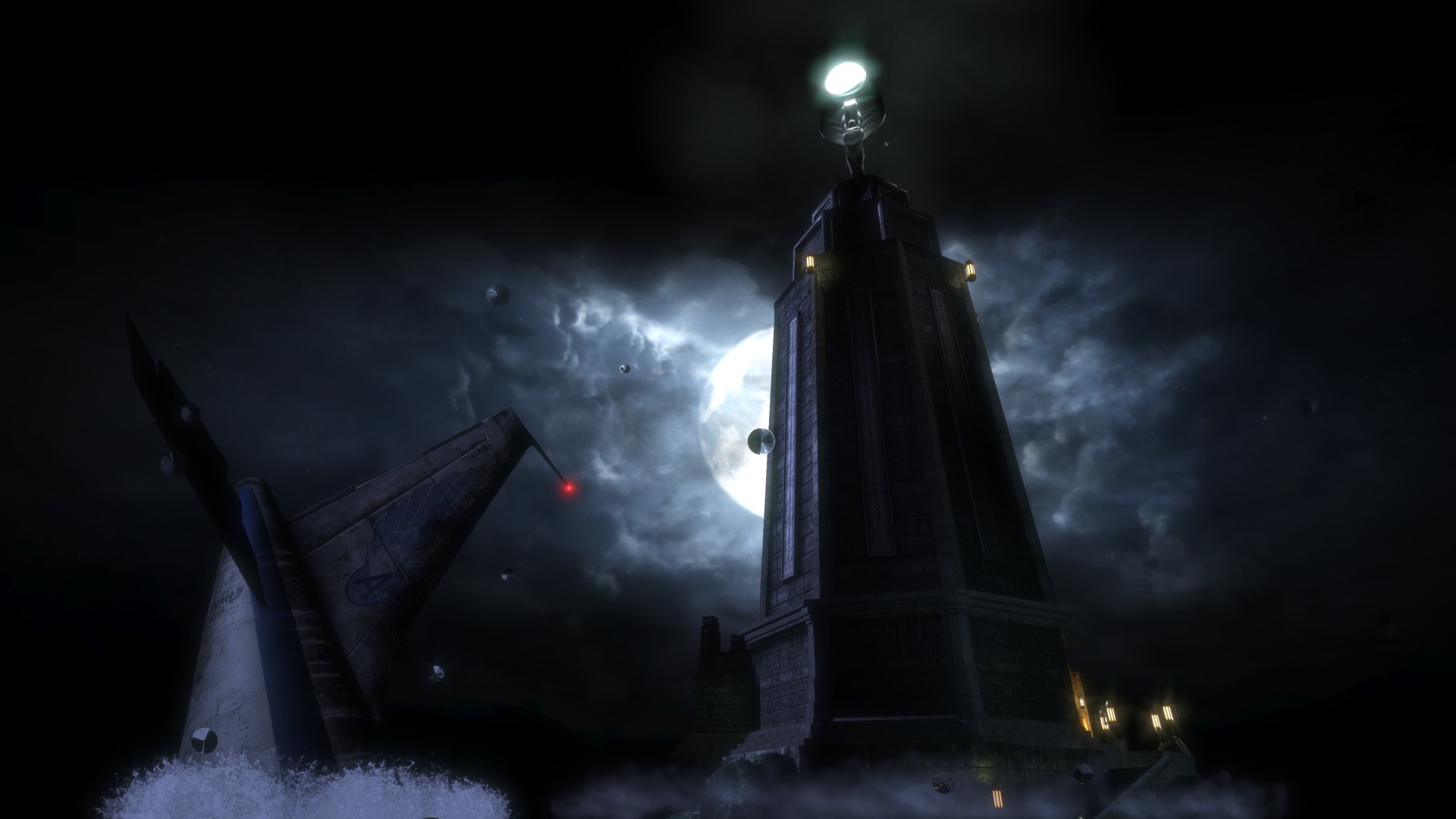 The lighthouse entrance rises from a stormy sea.