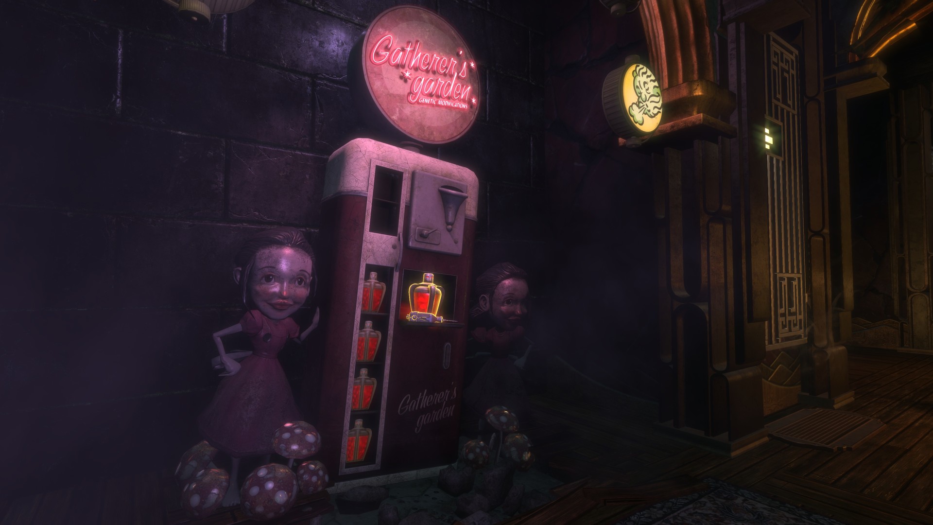 A Gatherer’s Garden machine glows in a corridor of Rapture.