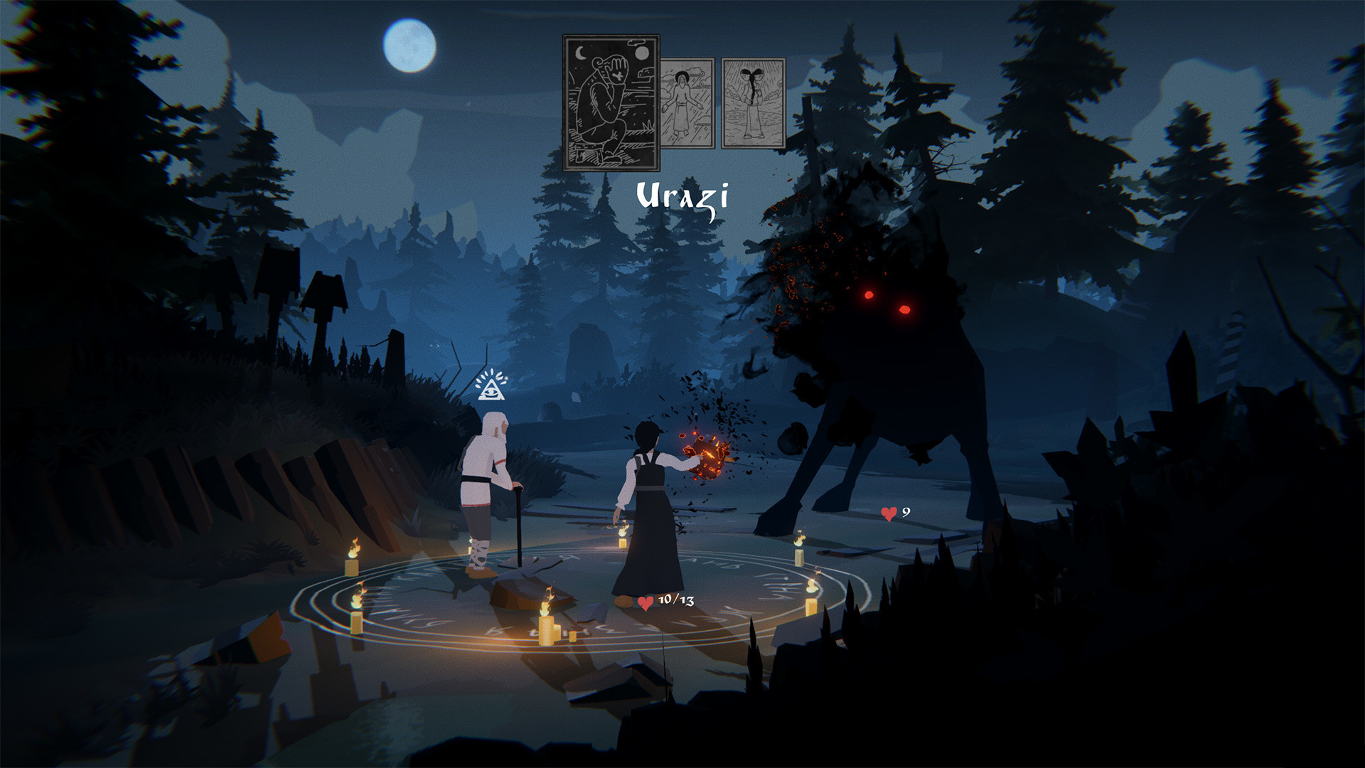 Vasilisa faces a dark creature in a moonlit card battle.