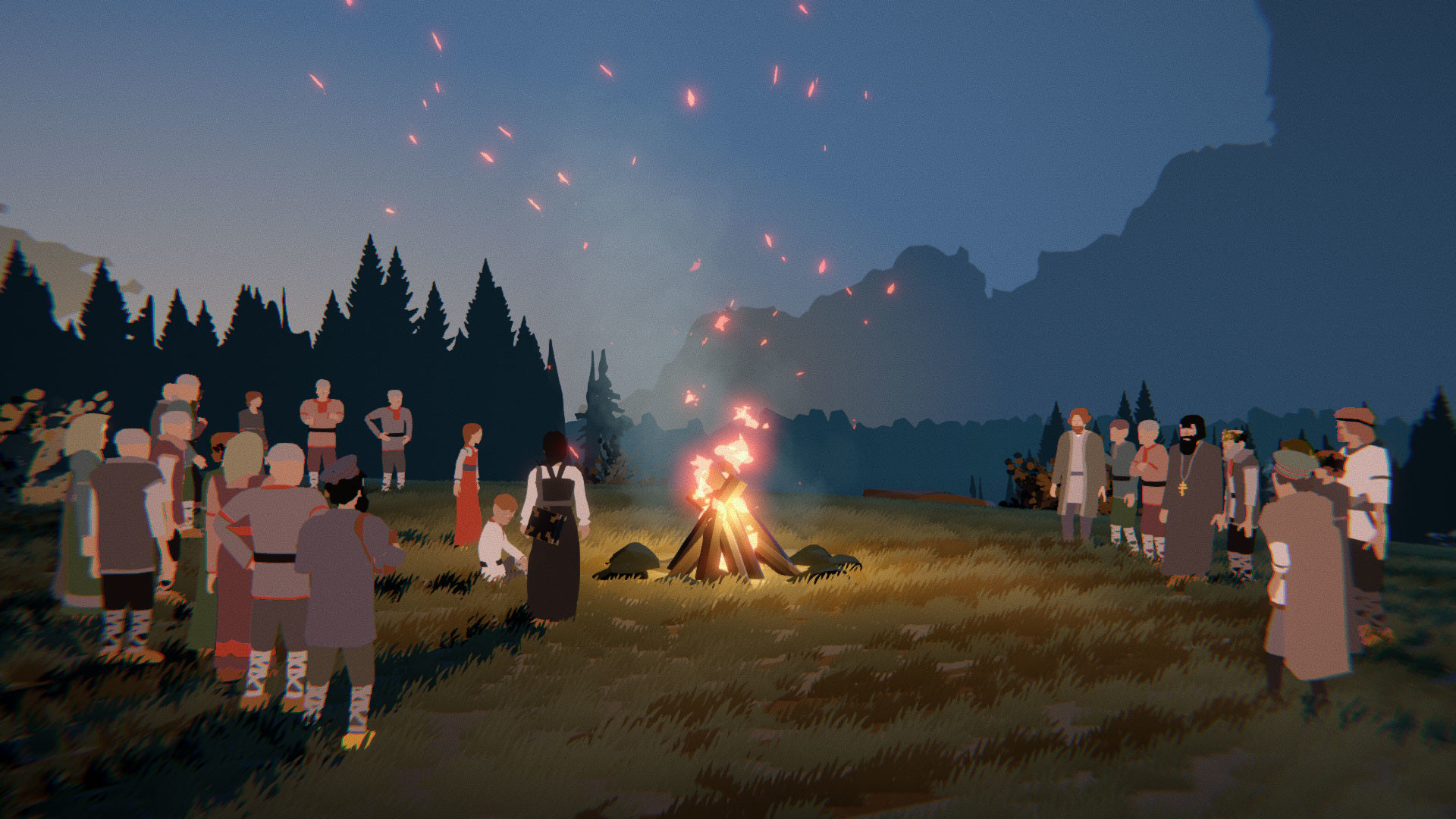 Villagers gather around a bonfire in a rural clearing.