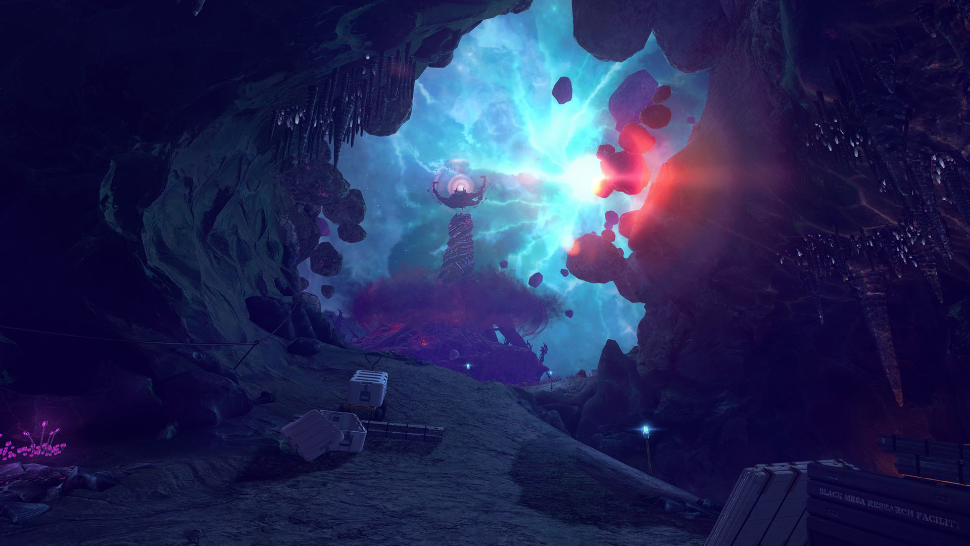 An otherworldly landscape glows with blue and purple light.
