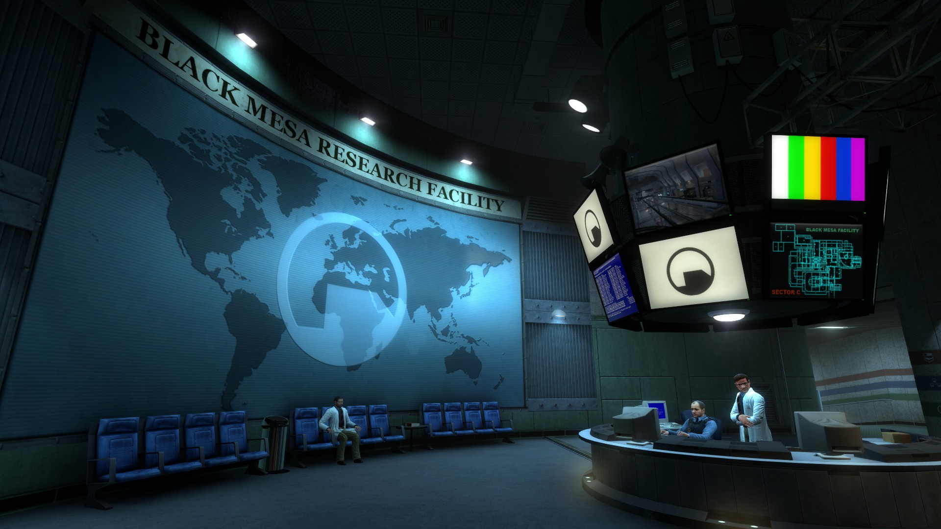 Staff work inside the Black Mesa Research Facility.