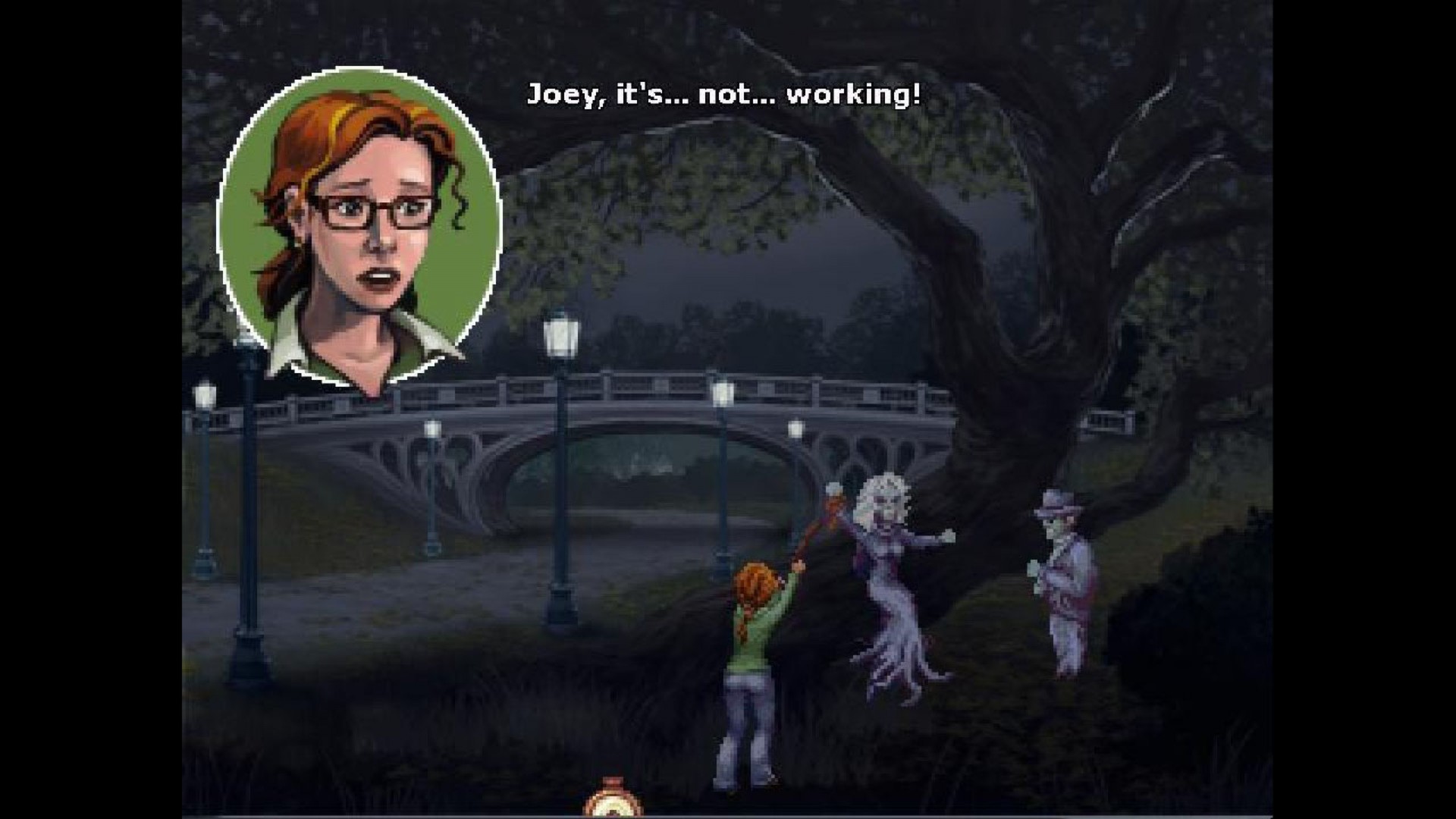 Rosa and Joey investigate figures beneath a bridge in a park.