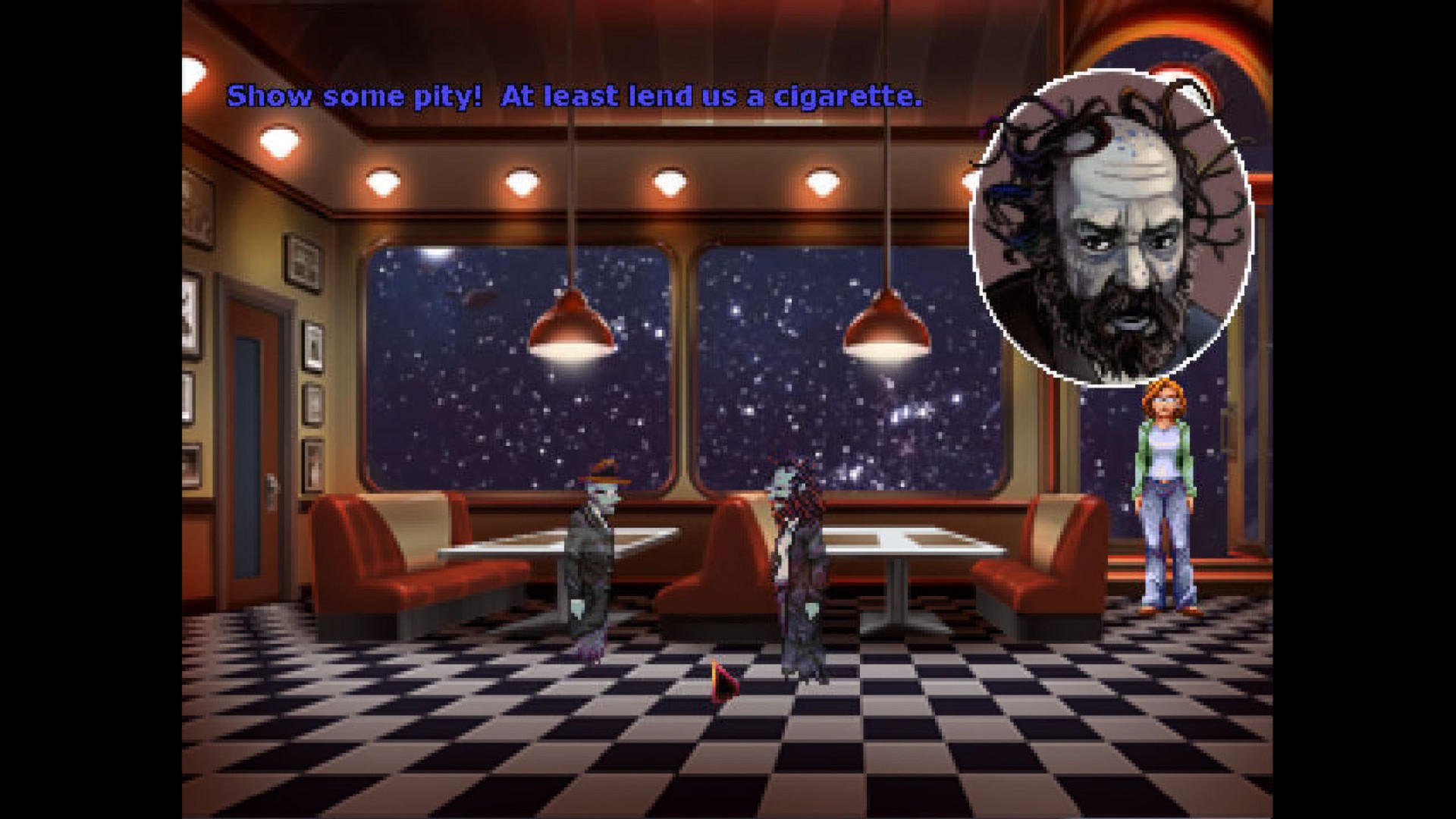 Rosa stands in a diner as dialogue appears beside a portrait.