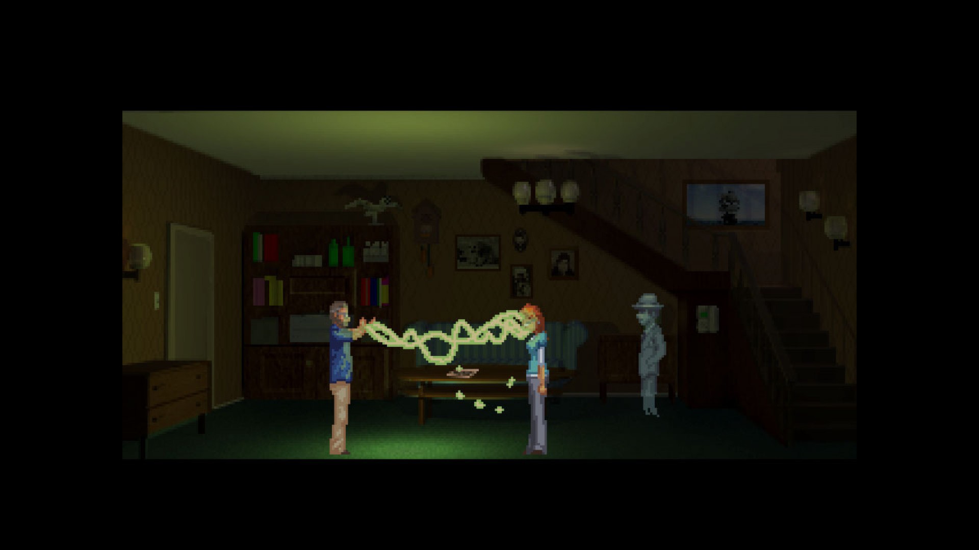 Rosa and a woman face one another across a green glow in a room.