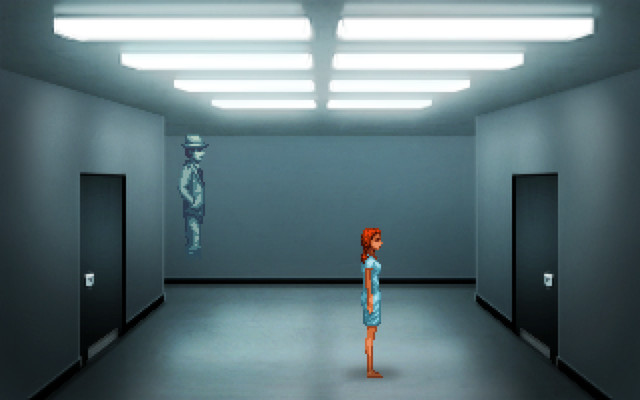 Rosa and Joey face one another in a stark, brightly lit corridor.