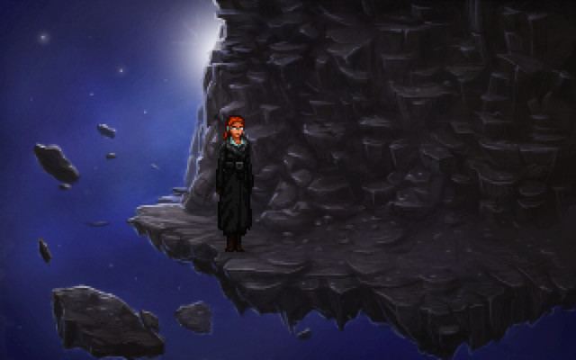 Rosa stands on a rocky ledge against a starry sky.