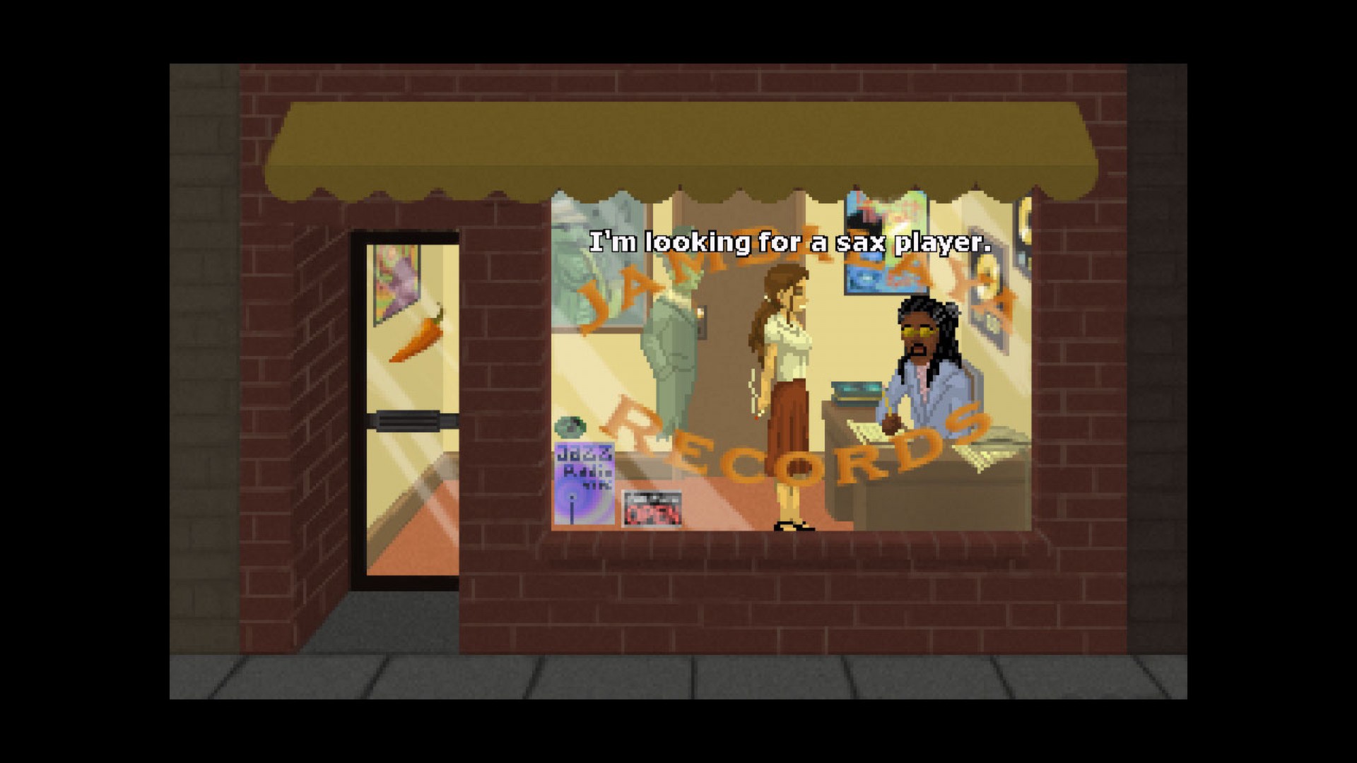 Lauren questions someone through the window of a New York record shop.