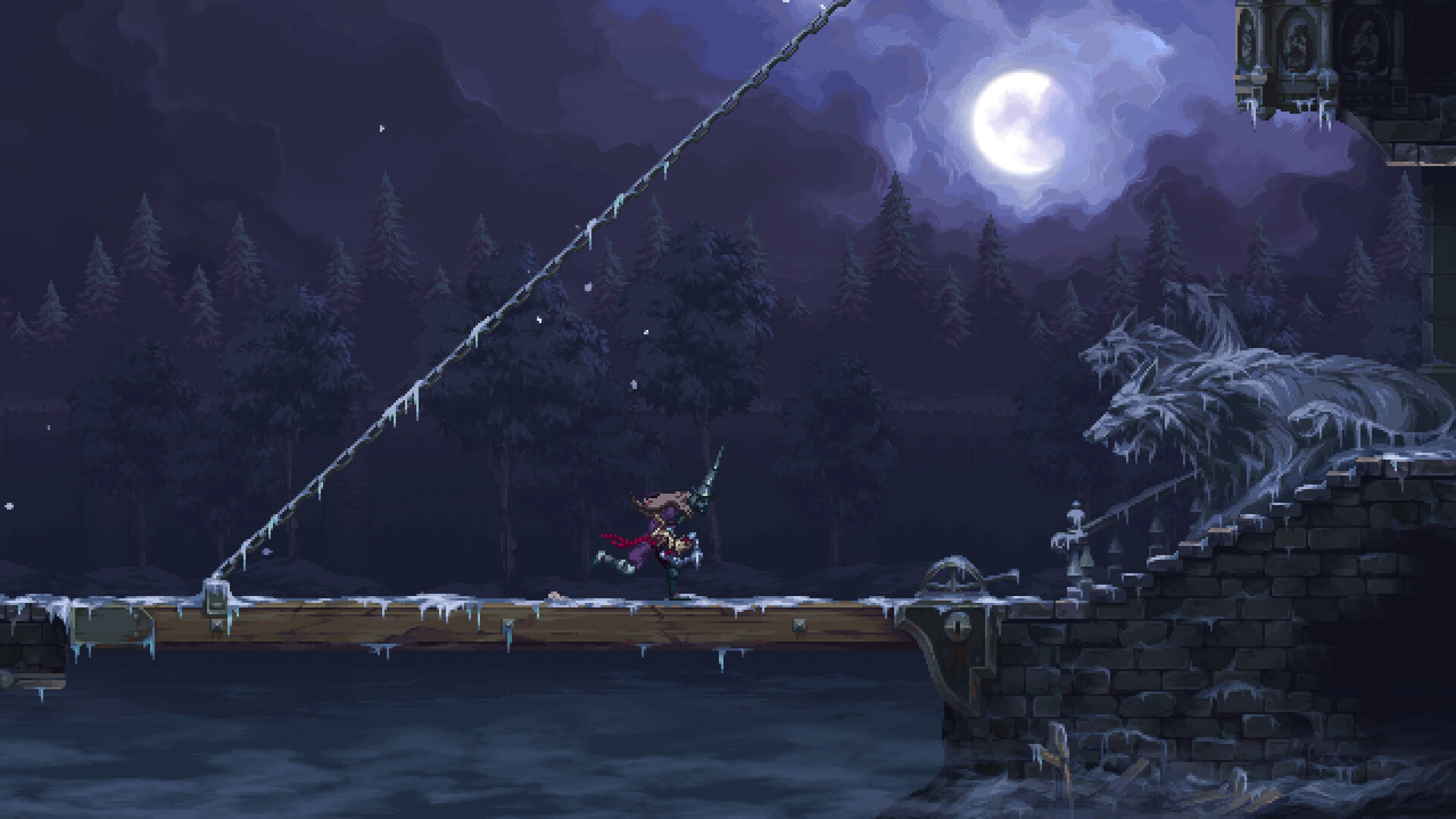 The Penitent One crosses a moonlit bridge.