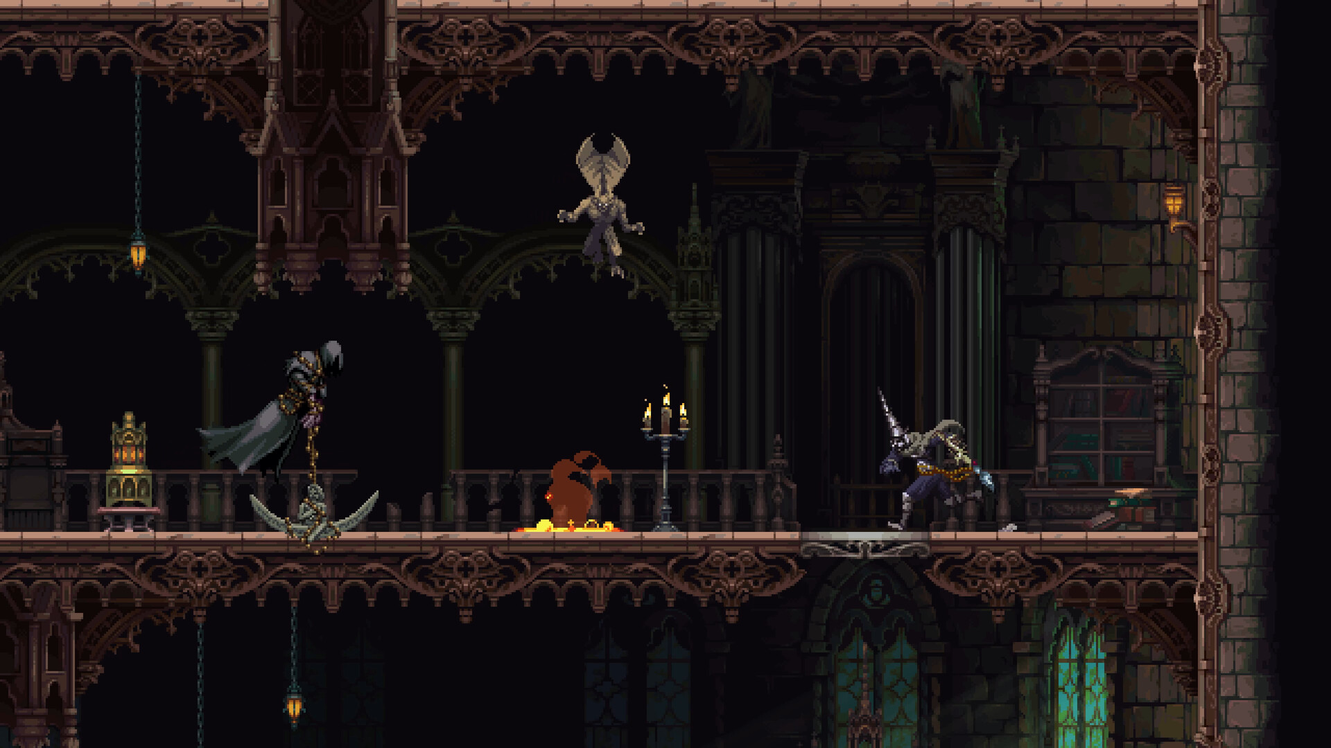 A fight unfolds inside an ornate stone hall.