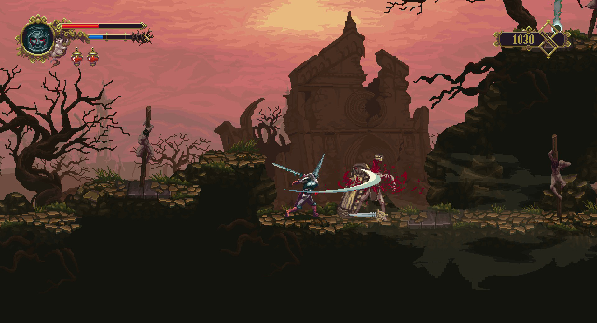 The Penitent One fights an enemy in a ruined landscape.