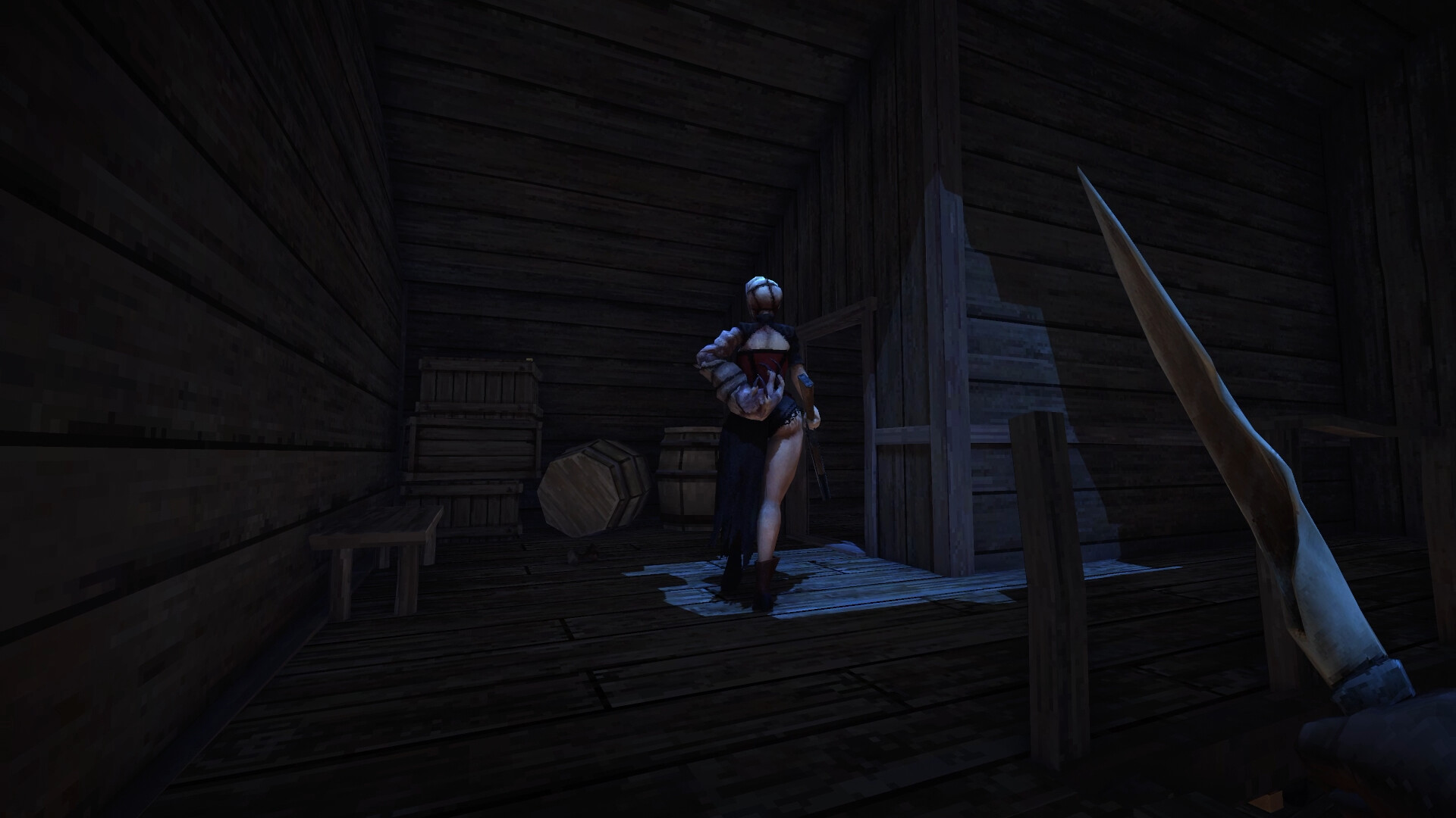 A figure stands inside a dark wooden building as the player holds a knife.