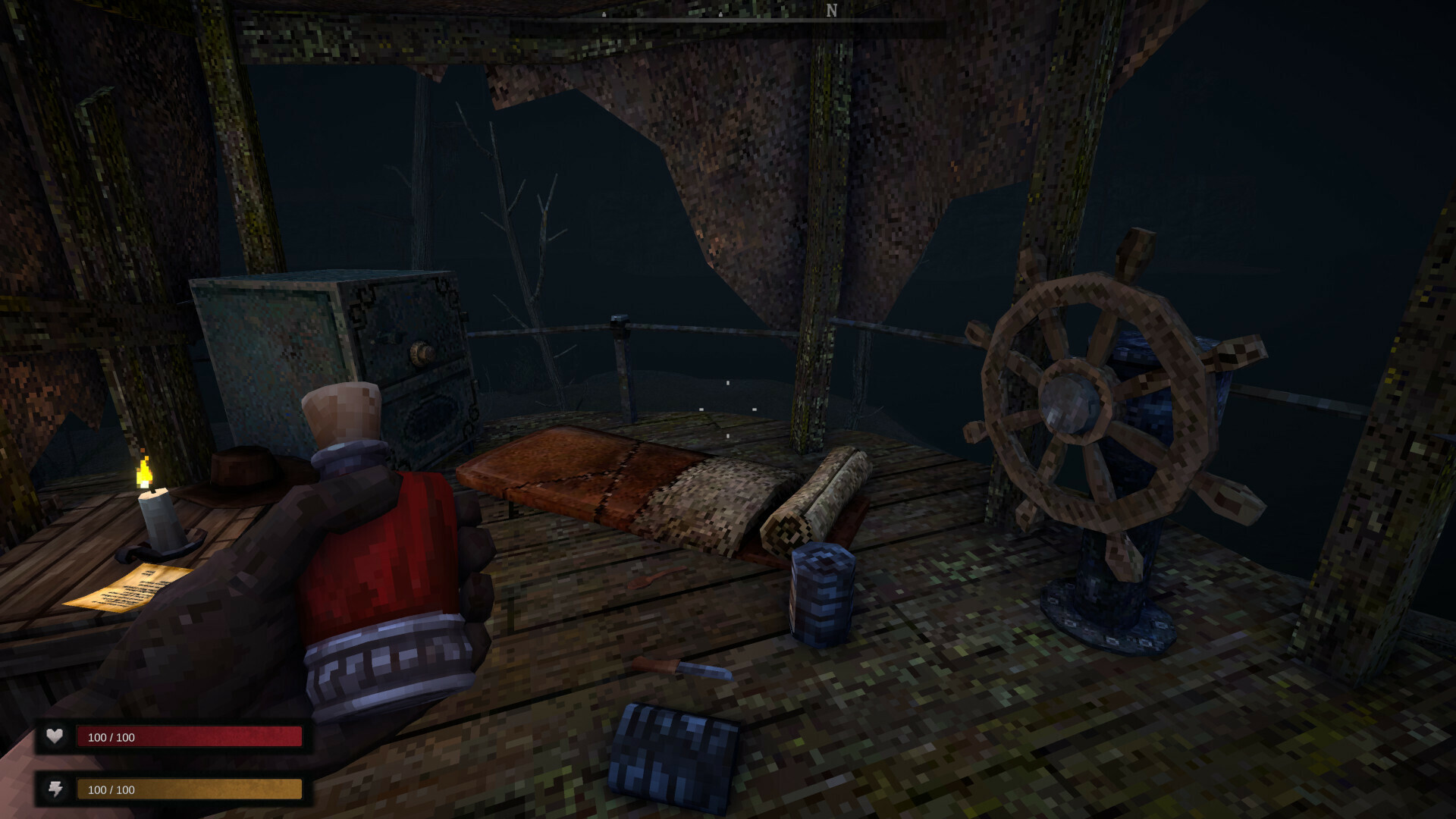The player examines a wheel and supplies inside a dim lookout.