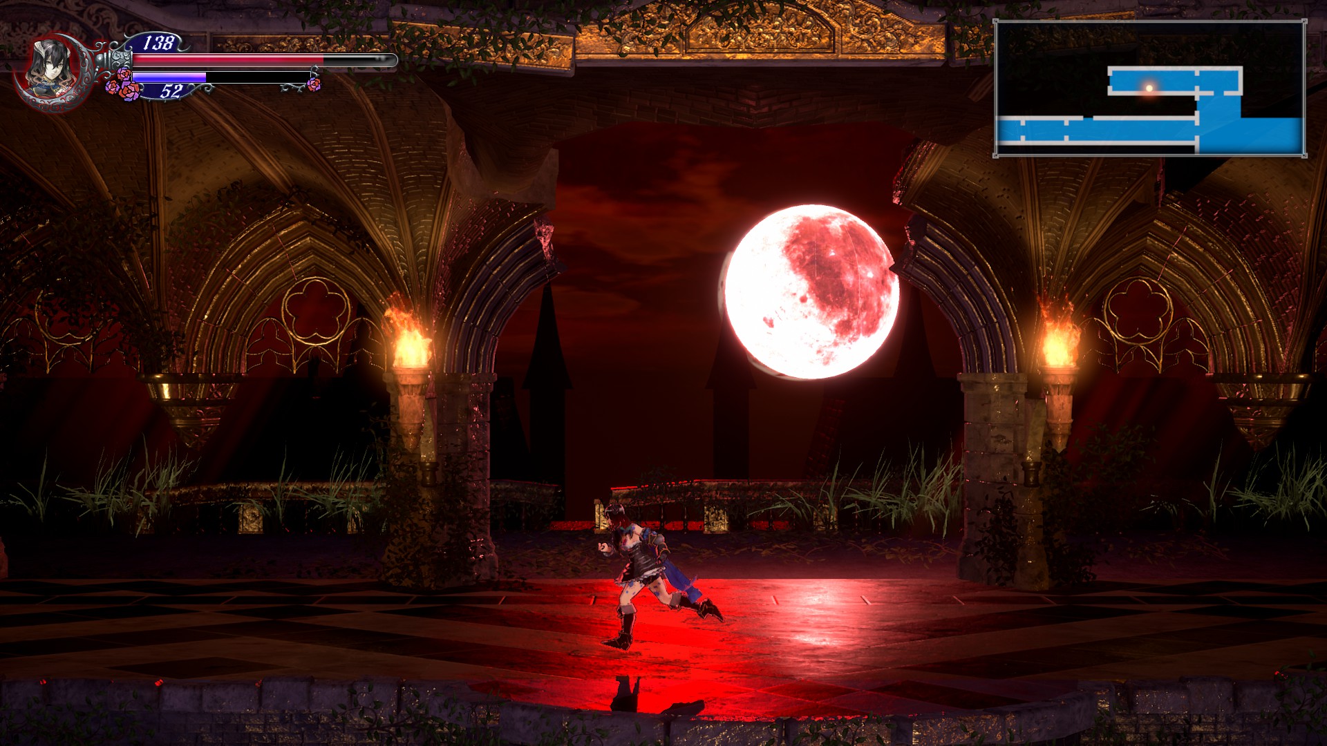 Miriam crosses a vaulted castle hall beneath a red moon.
