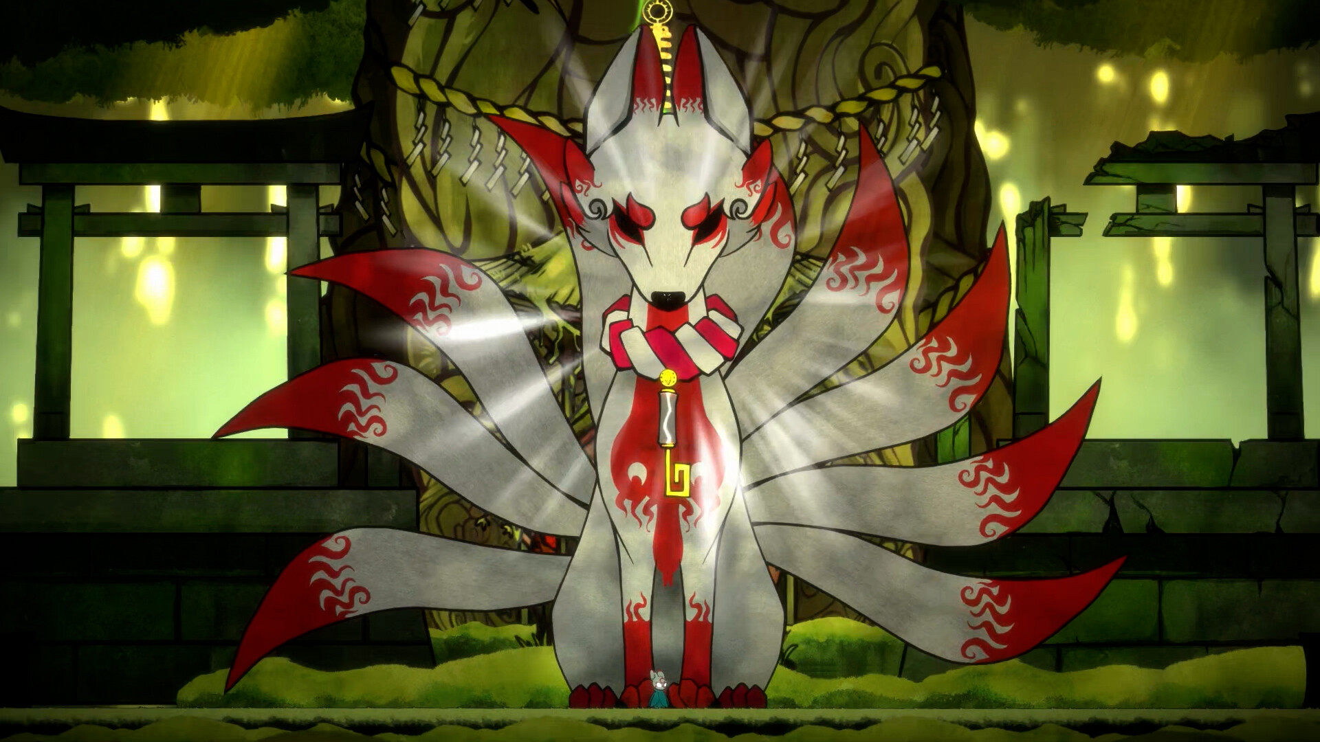 A many-tailed fox-like yokai towers above Bō in a forest shrine.