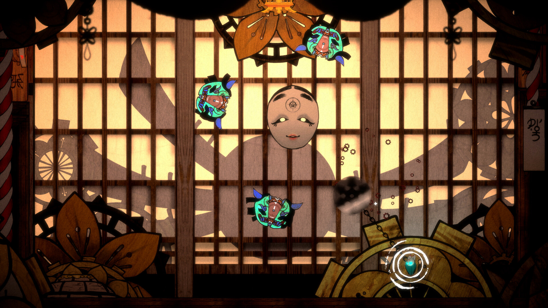 Bō moves through a room of flying masks and turning wooden machinery.
