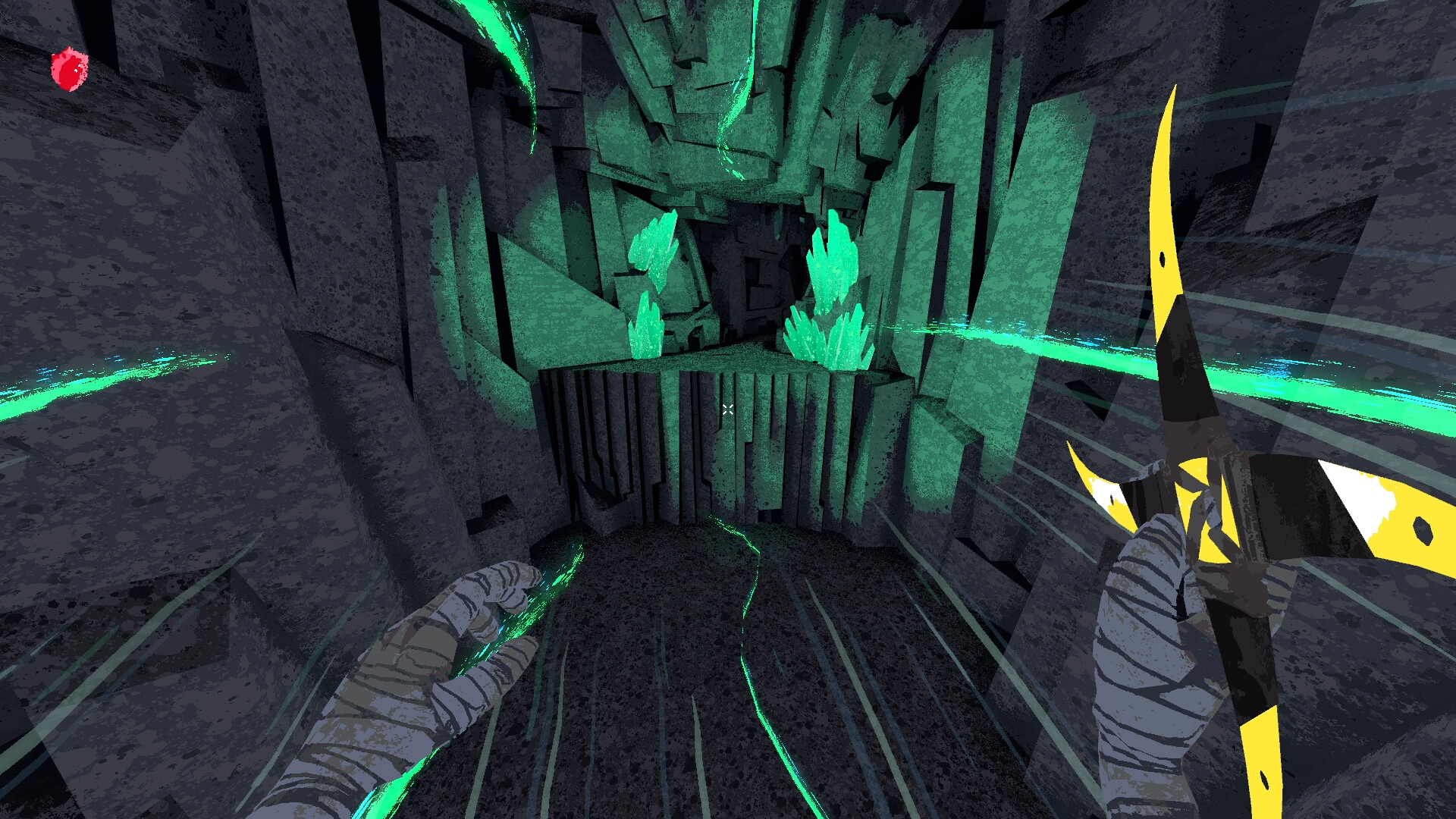 The player throws a glowing boomerang inside a stone passage.