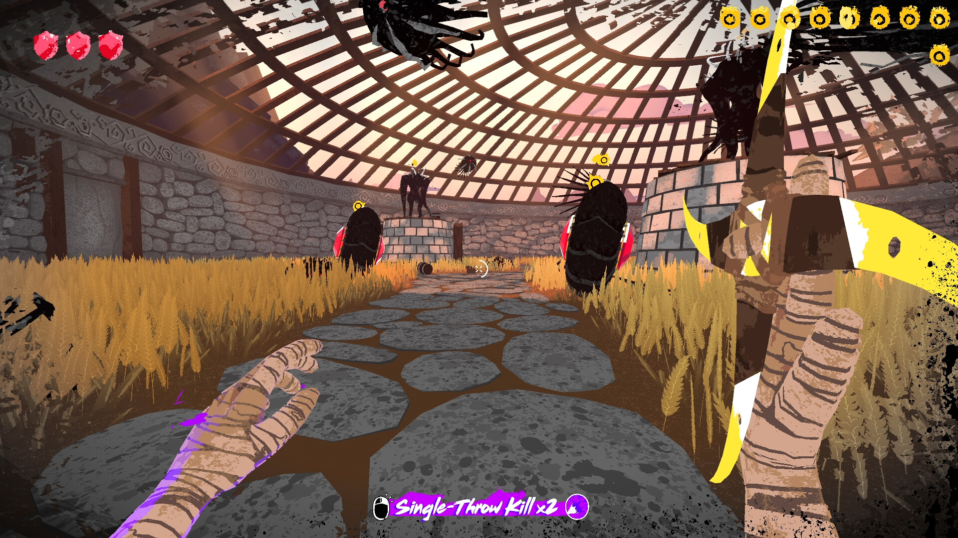 The player faces flying creatures inside a circular arena.