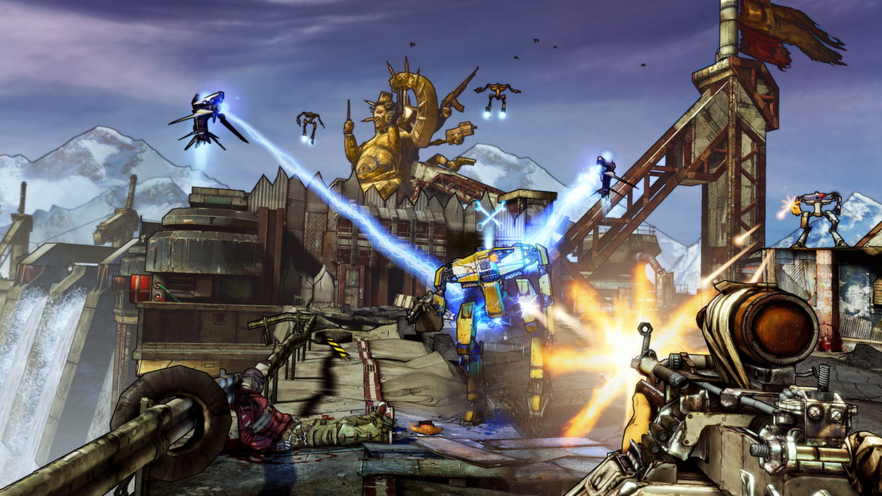 The player fires at mechanical enemies across a raised walkway.