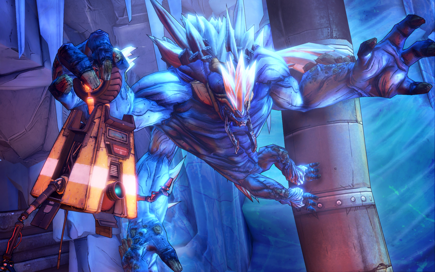 The player confronts a large blue creature inside a facility.
