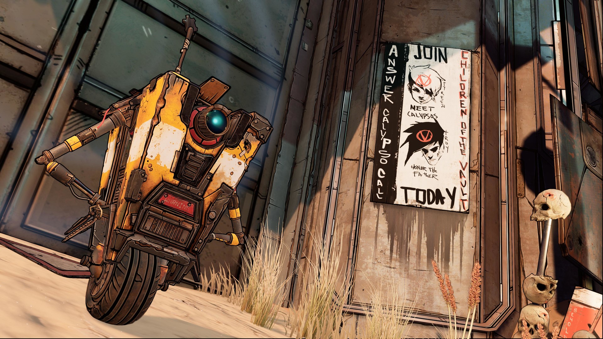 Claptrap stands beside a Children of the Vault recruitment poster.
