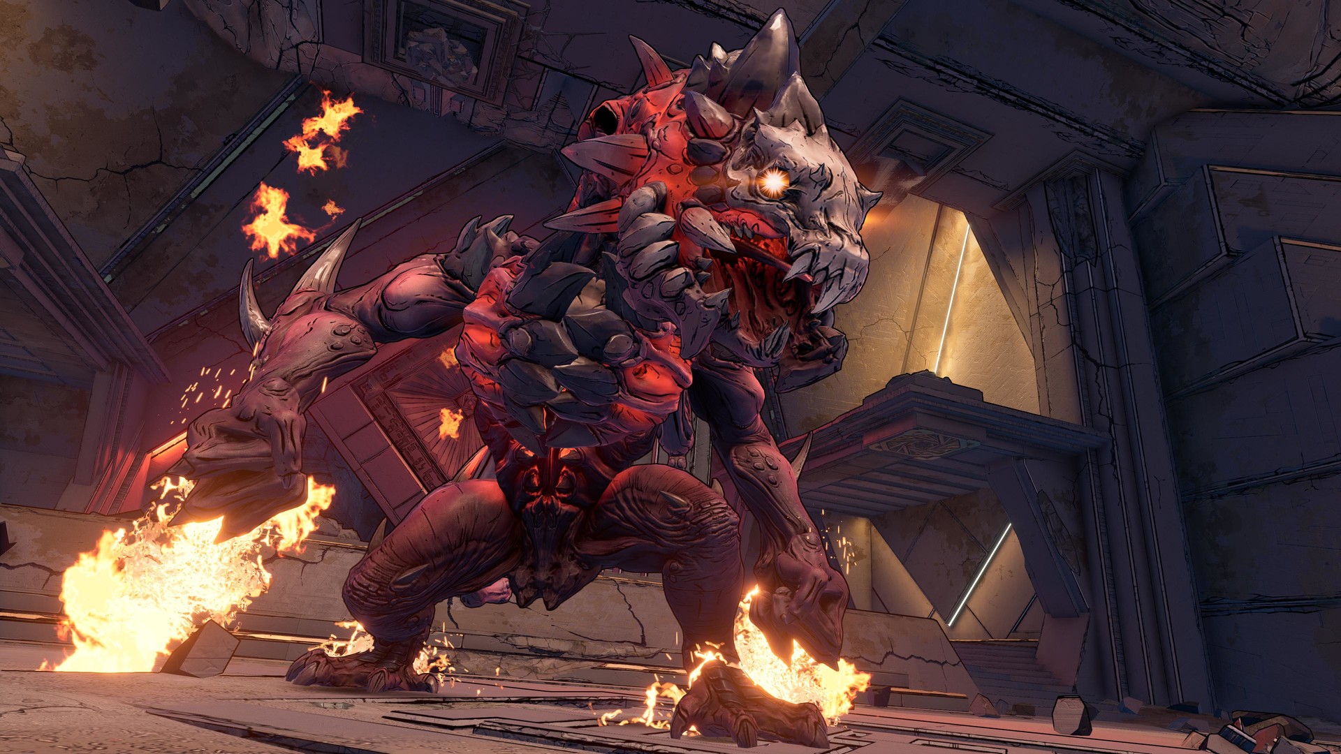 A horned creature charges through a burning interior.
