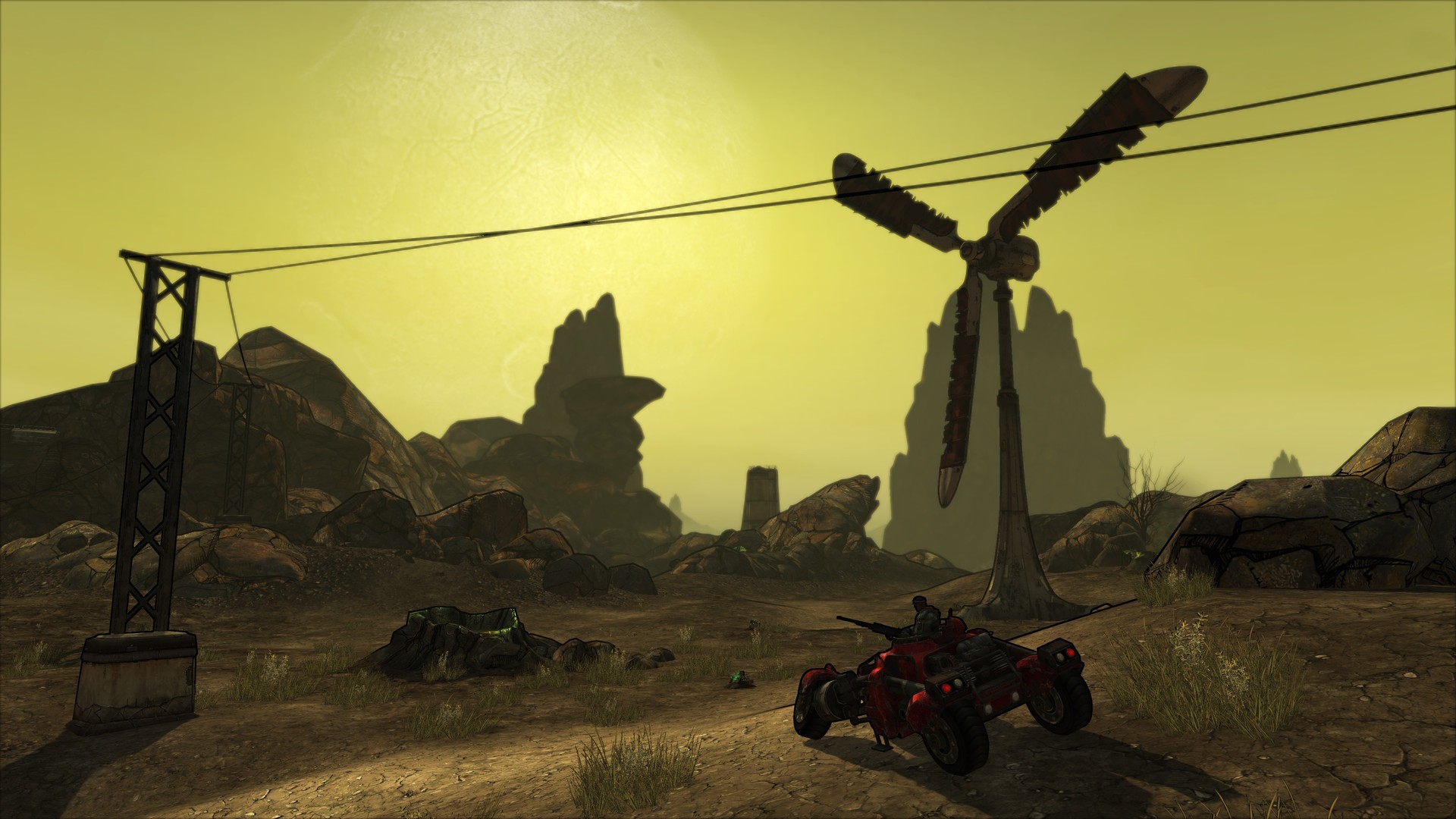 A vehicle crosses a dry road beneath a yellow sky on Pandora.