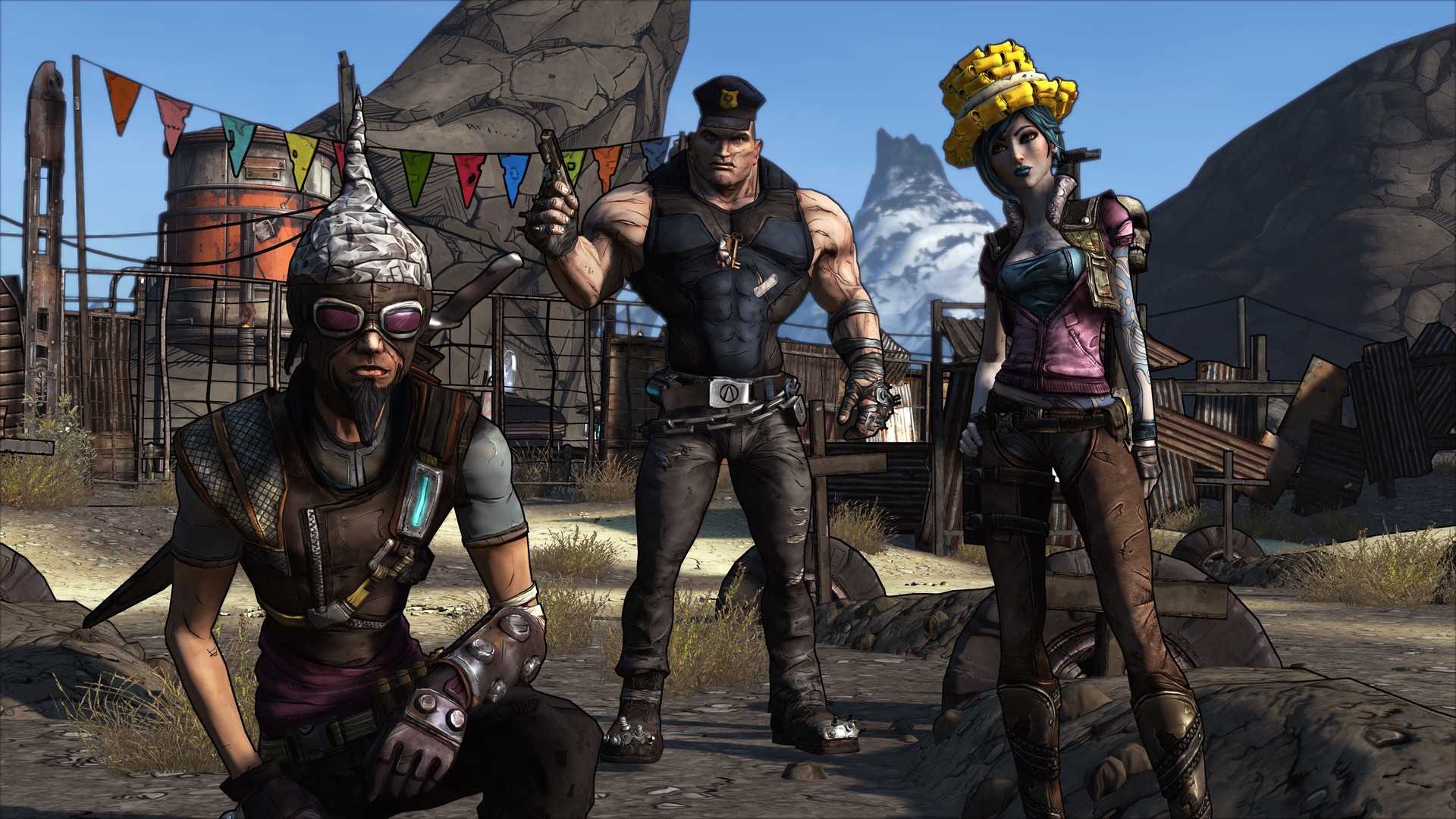 Three Vault Hunters pose outside a rough settlement.