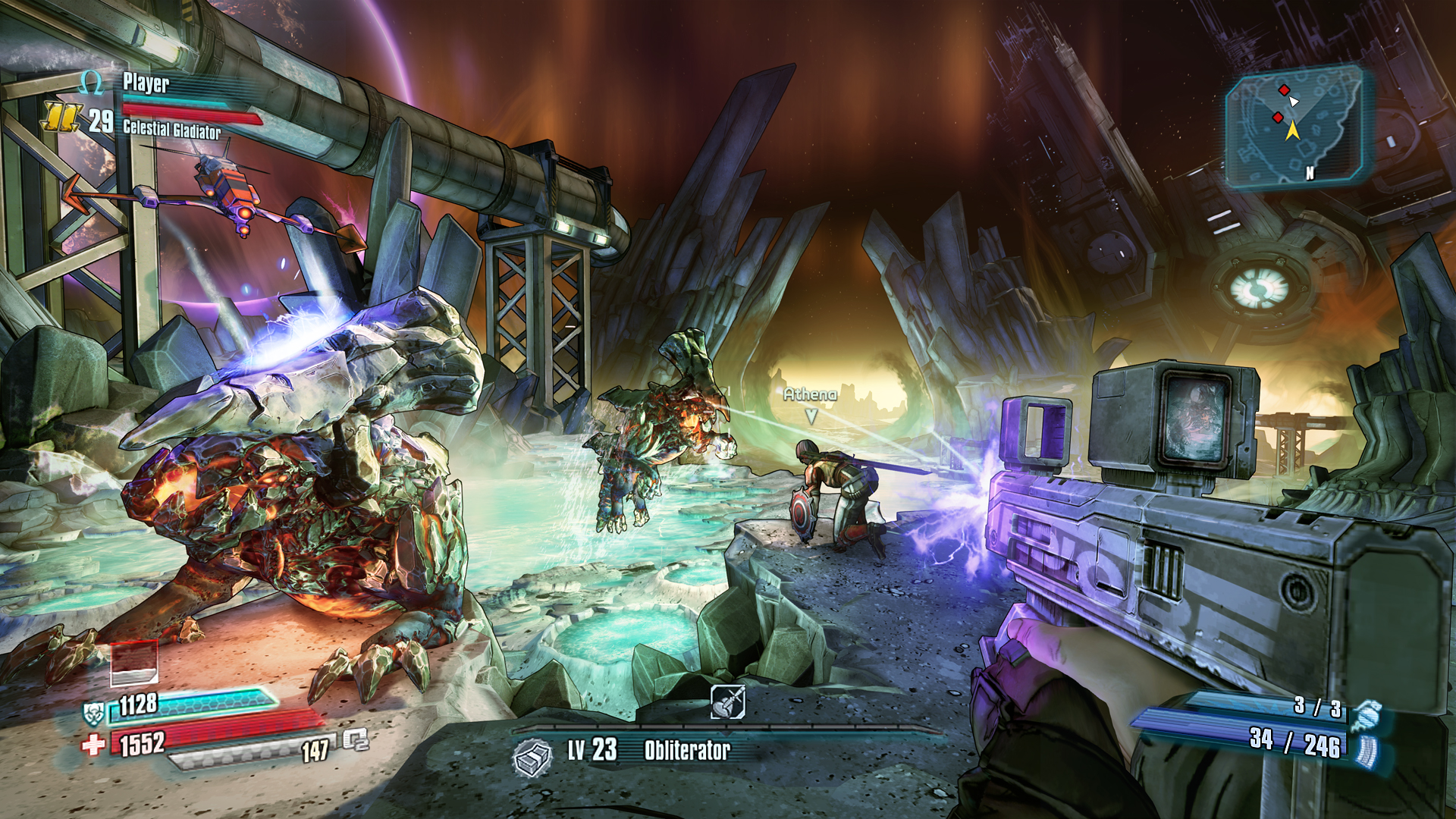 Vault Hunters fight creatures inside a dim facility.