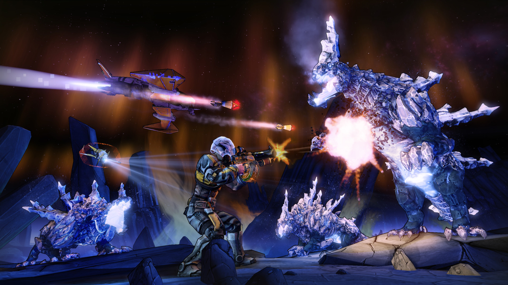 A Vault Hunter fires at a large creature in a rocky chamber.