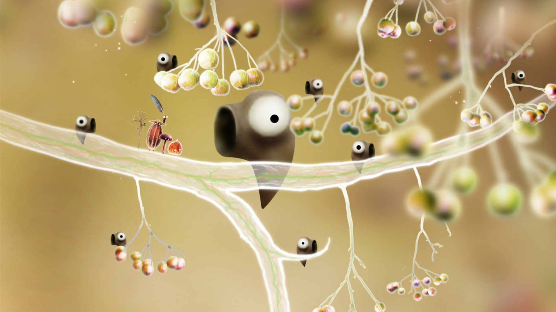 Tiny creatures inhabit a tree's web of branches and seed pods.