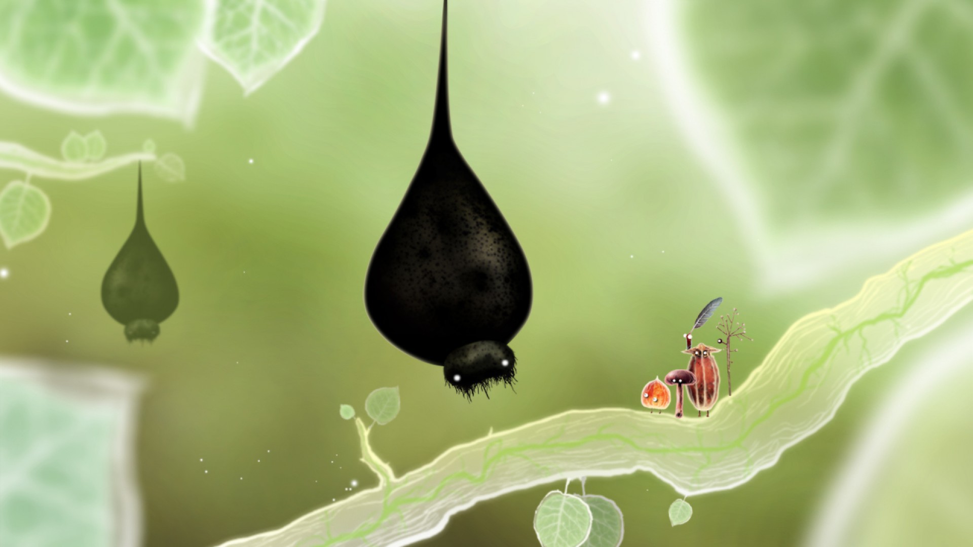 A dark hanging creature looms above a small traveller on a branch.