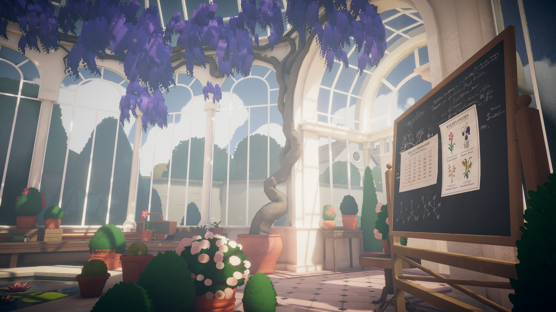 Arabella’s conservatory contains hanging flowers and a botanical research board.