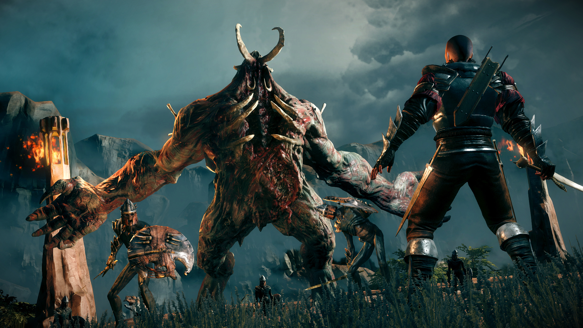 A mercenary confronts a large creature in a bleak field.