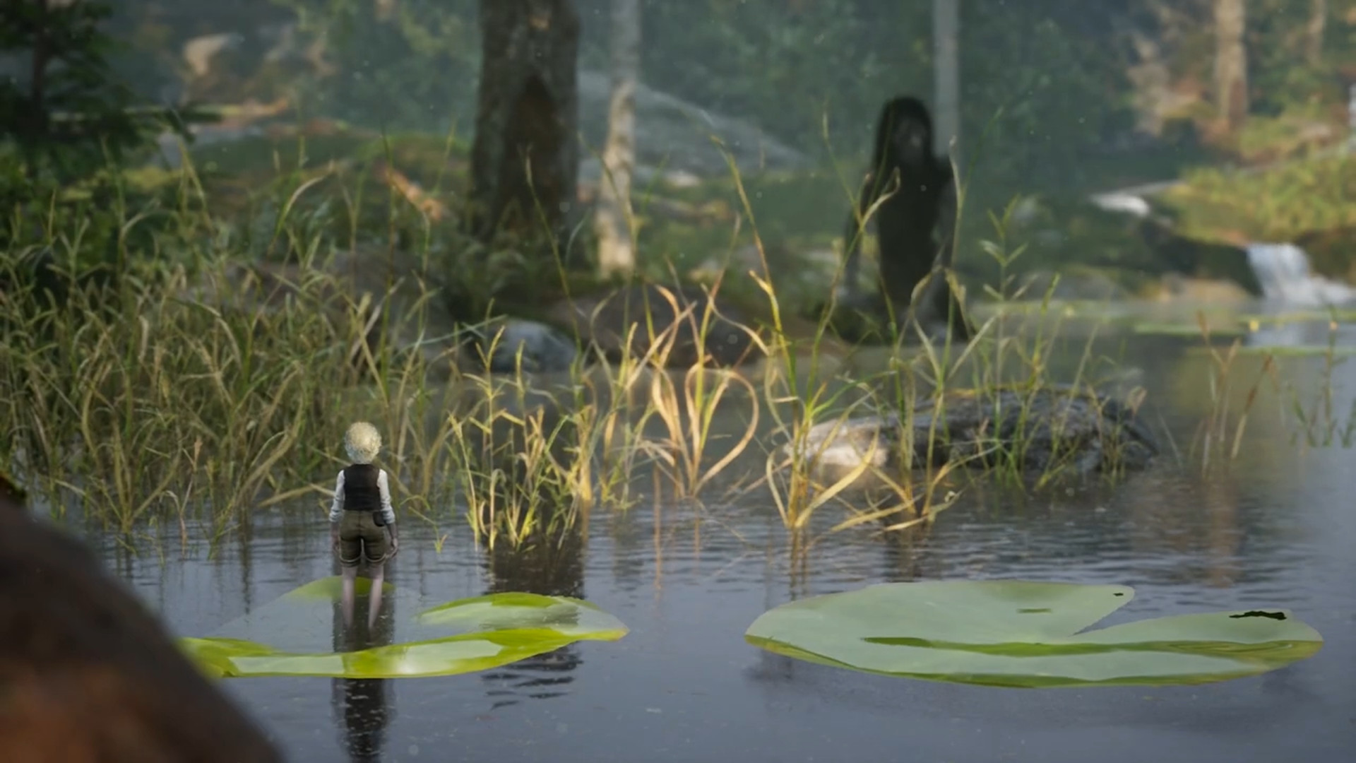 A child faces a figure across a marsh.