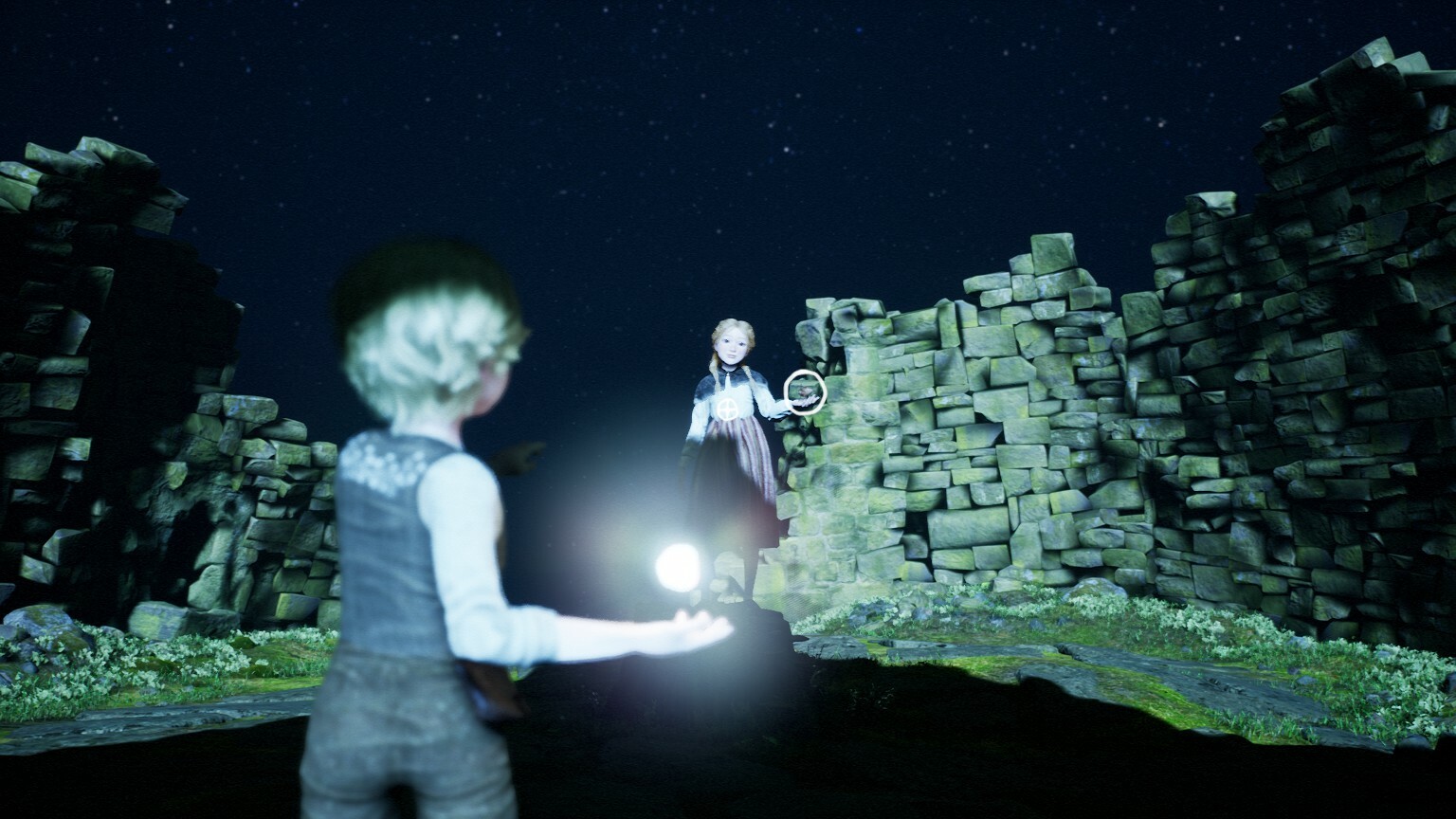 Two children move through ruins under a night sky.