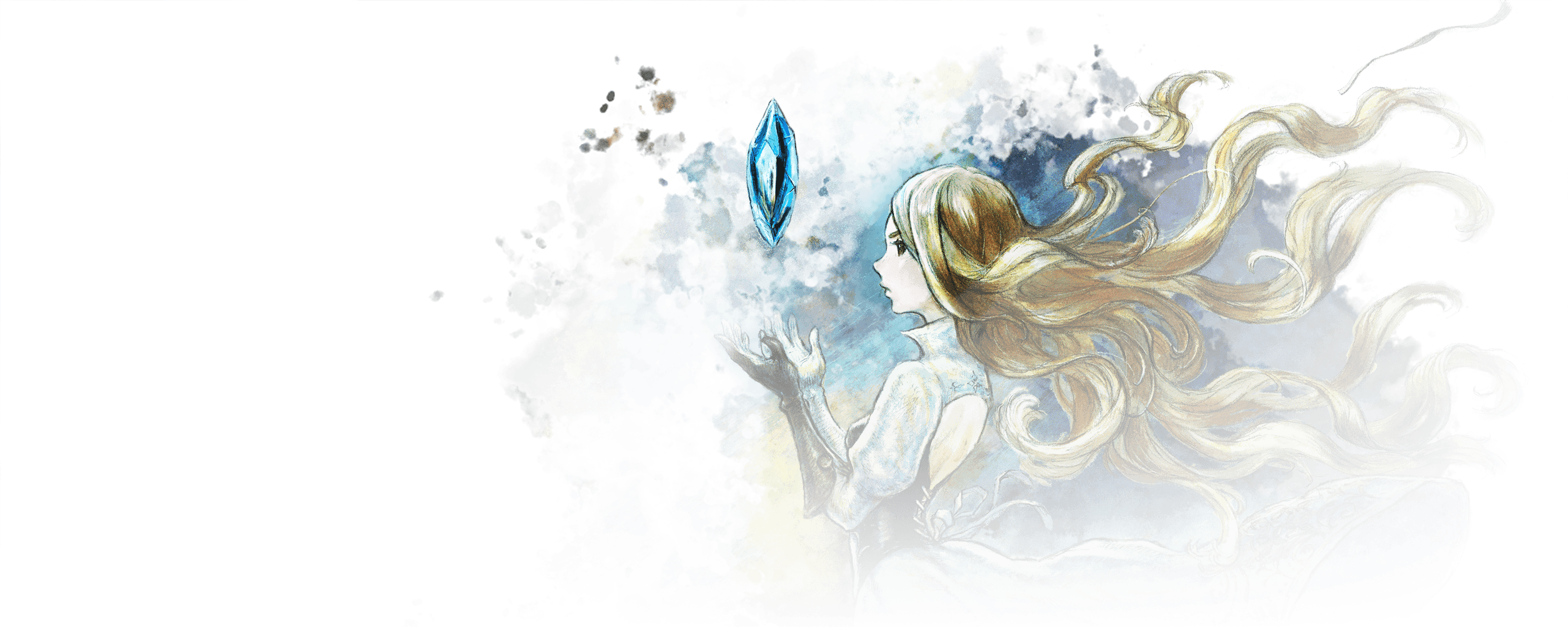 Gloria reaches toward a blue Crystal in official Bravely Default II illustration.